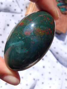 Shiny Deep Green & Red Speckled Bloodstone Egg Carving 1