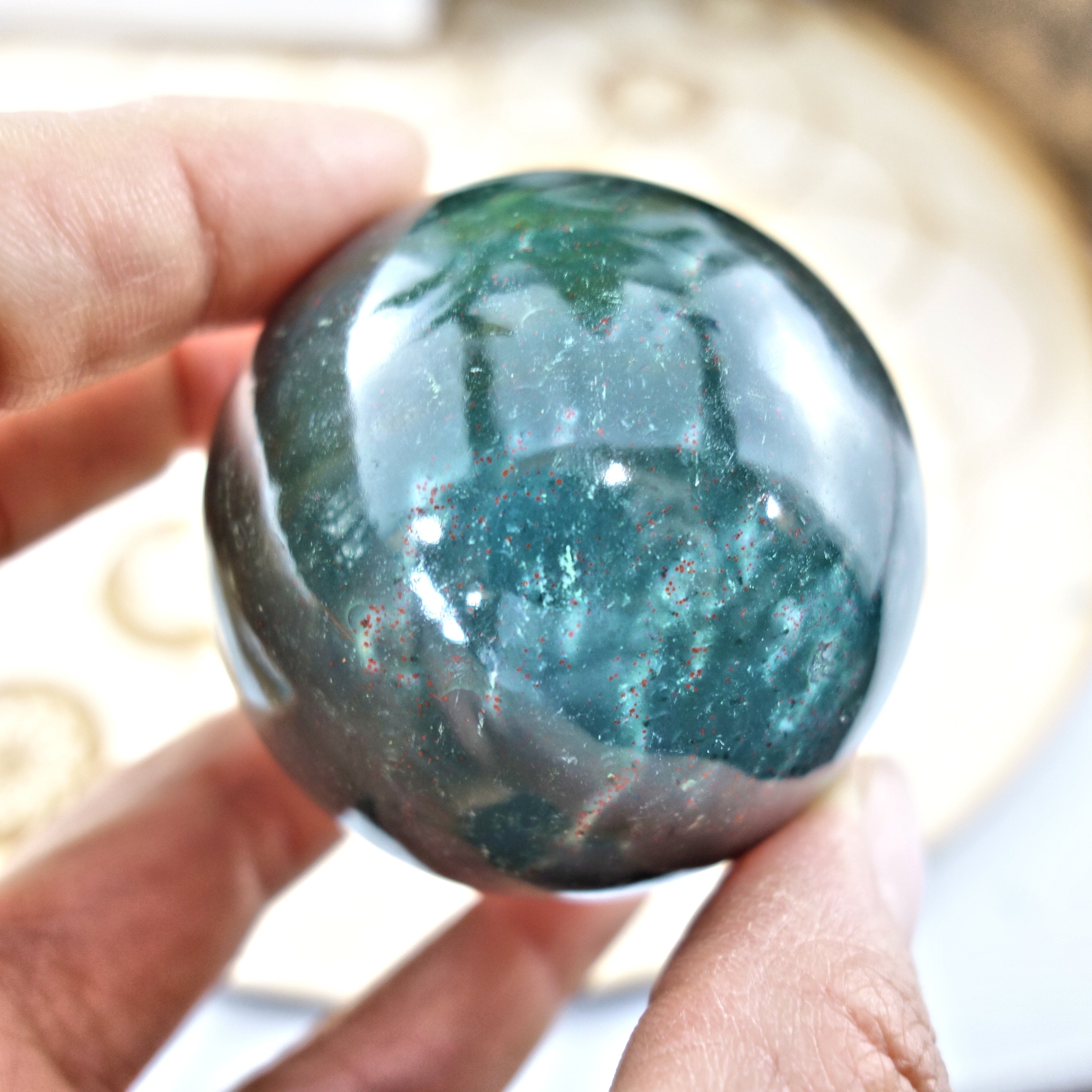 Shiny Deep Green Bloodstone Sphere Carving