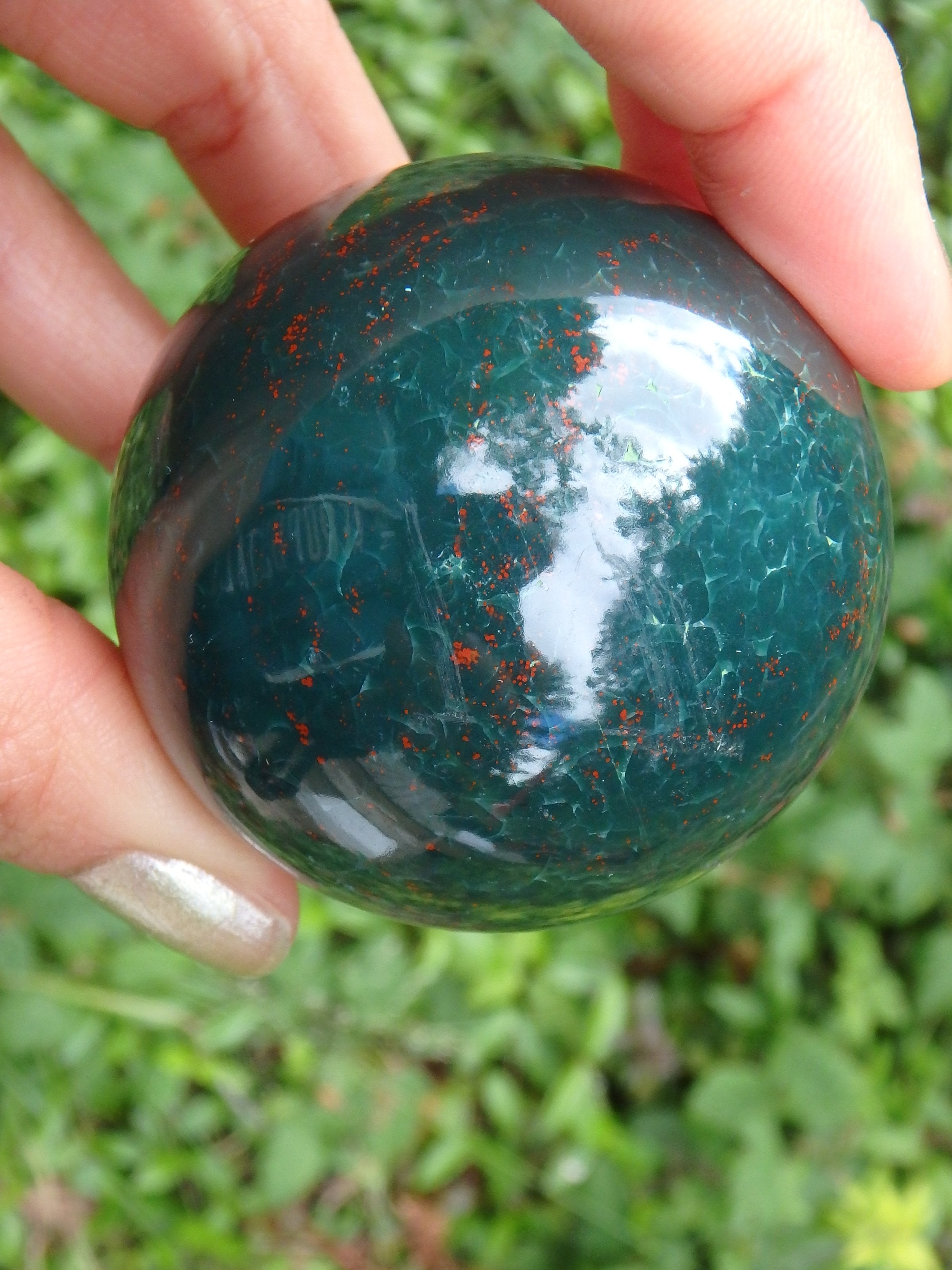 Shiny Deep Forest Green With Red Speckles Bloodstone Sphere Carving