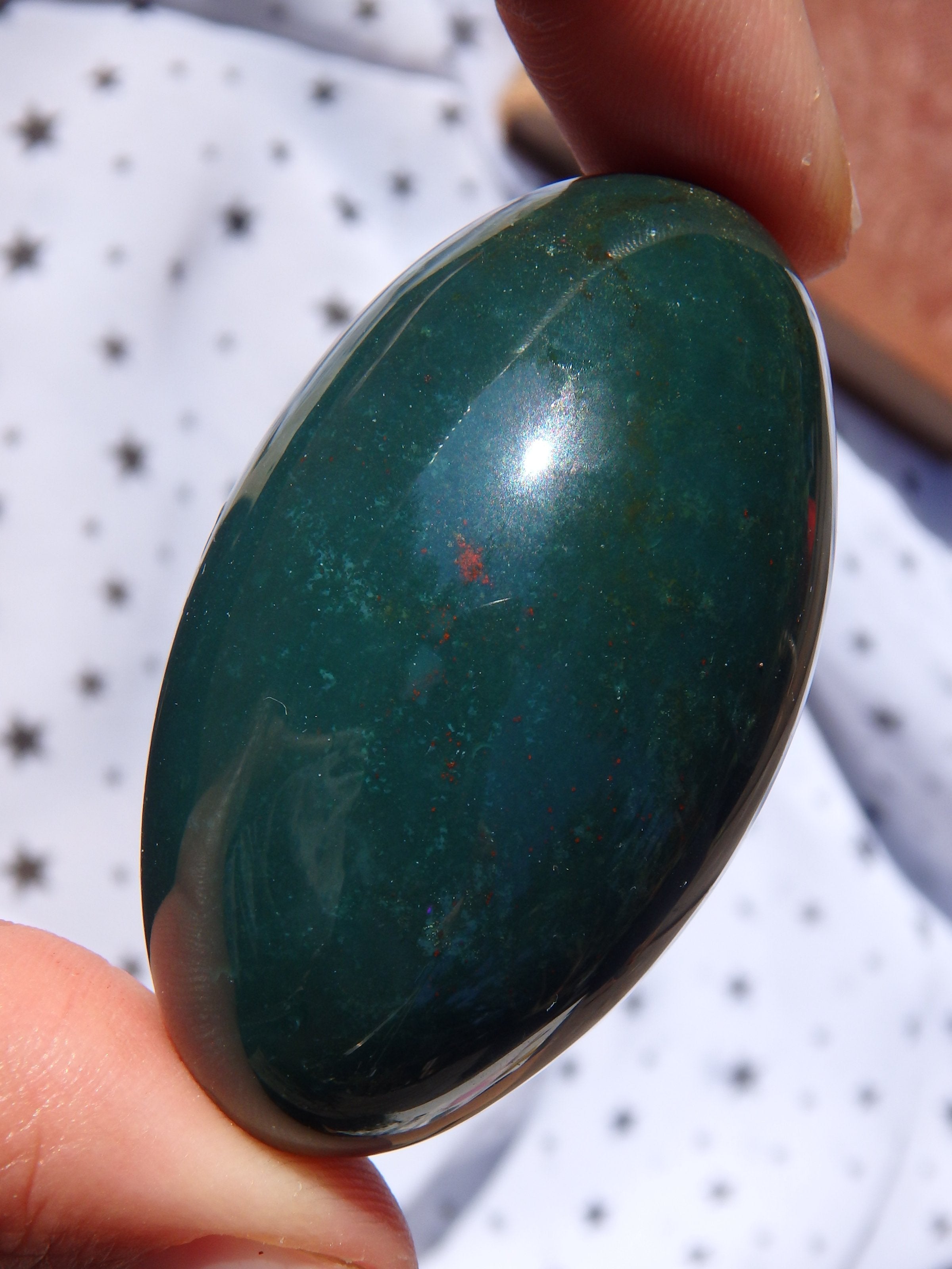 Shiny Deep Green & Red Speckled Bloodstone Egg Carving 3