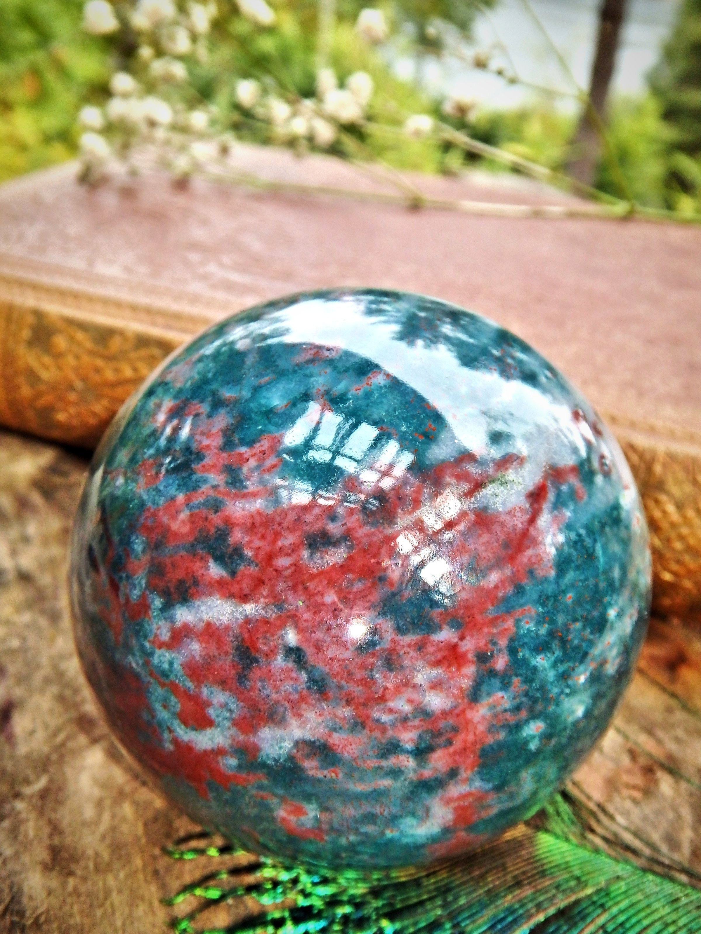 Deep Red Patterns Lovely Inclusions Bloodstone Sphere Carving - Earth Family Crystals