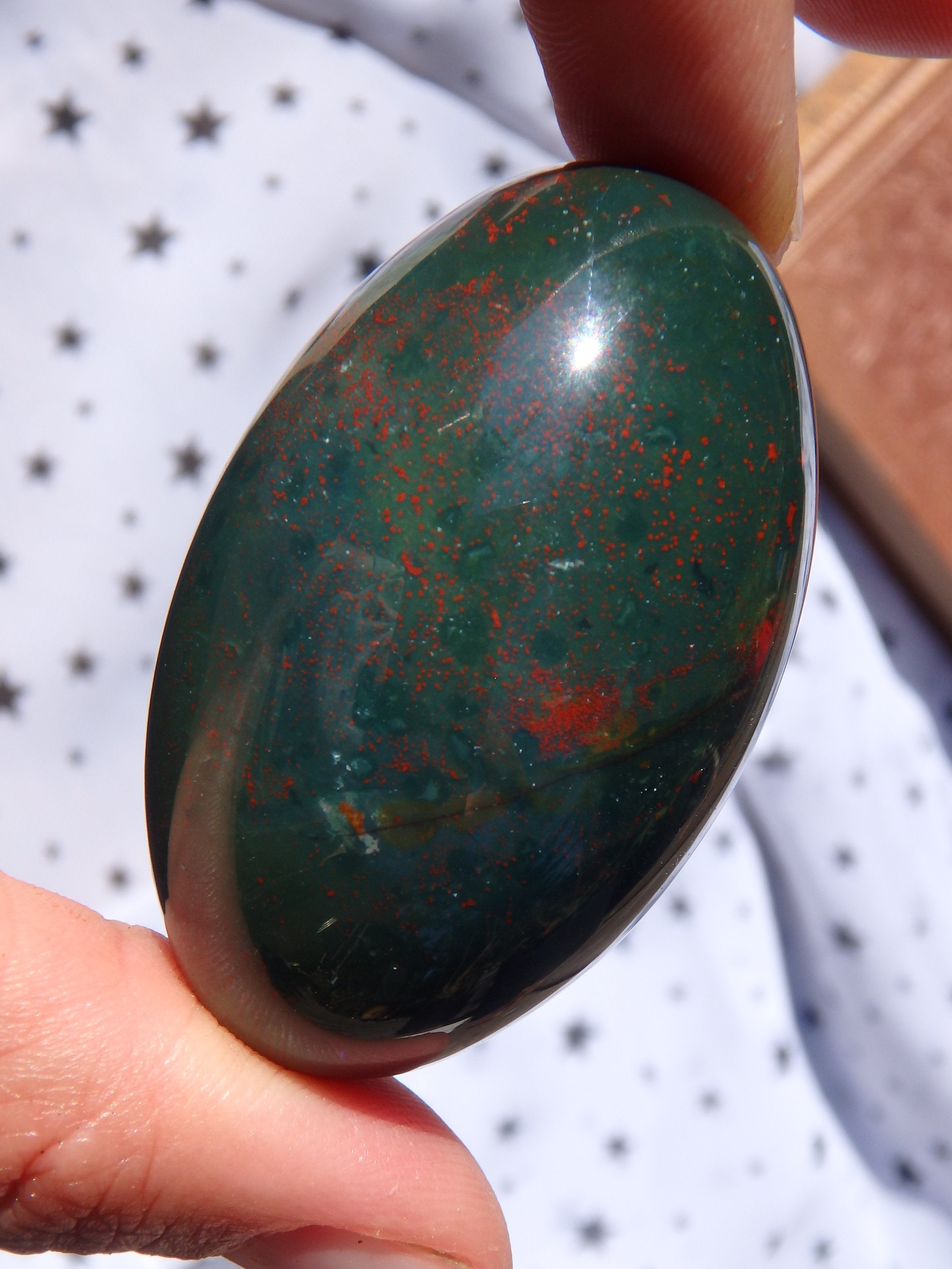 Shiny Deep Green & Red Speckled Bloodstone Egg Carving 1