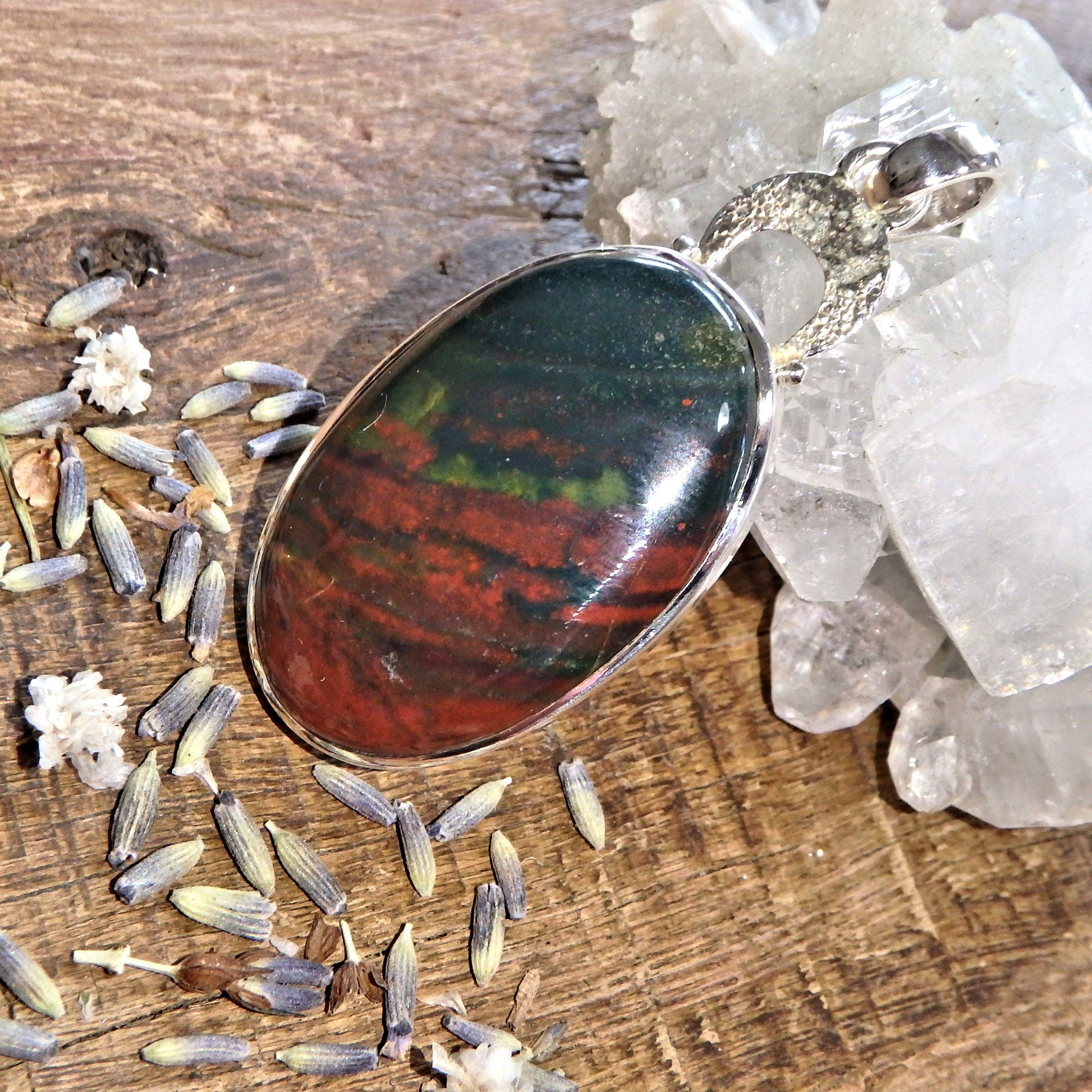 Deep Green & Burgundy Bloodstone Sterling Silver Pendant (Includes Silver Chain) - Earth Family Crystals