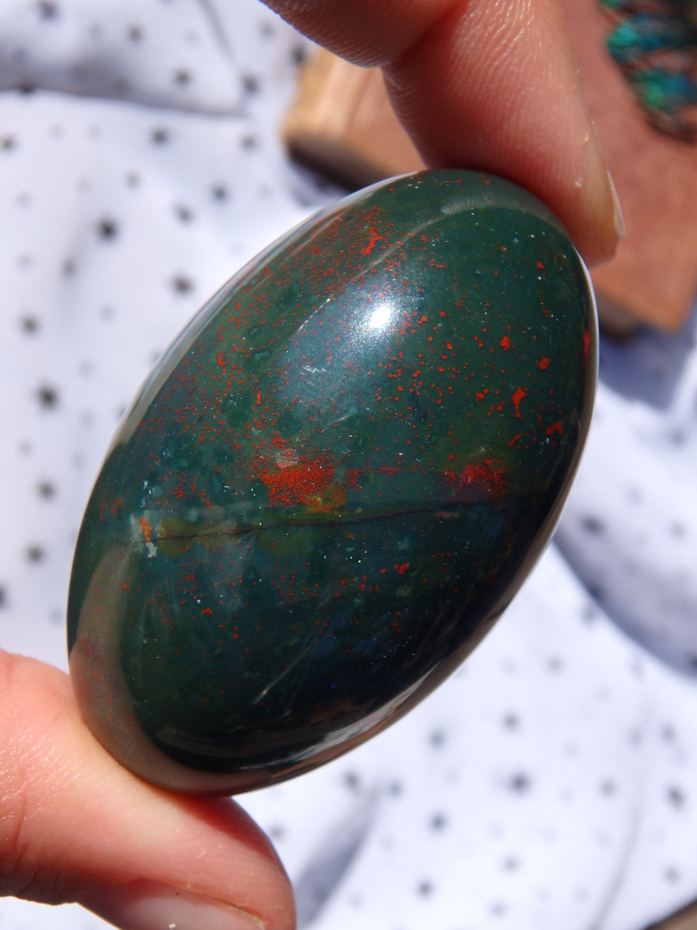 Shiny Deep Green & Red Speckled Bloodstone Egg Carving 1