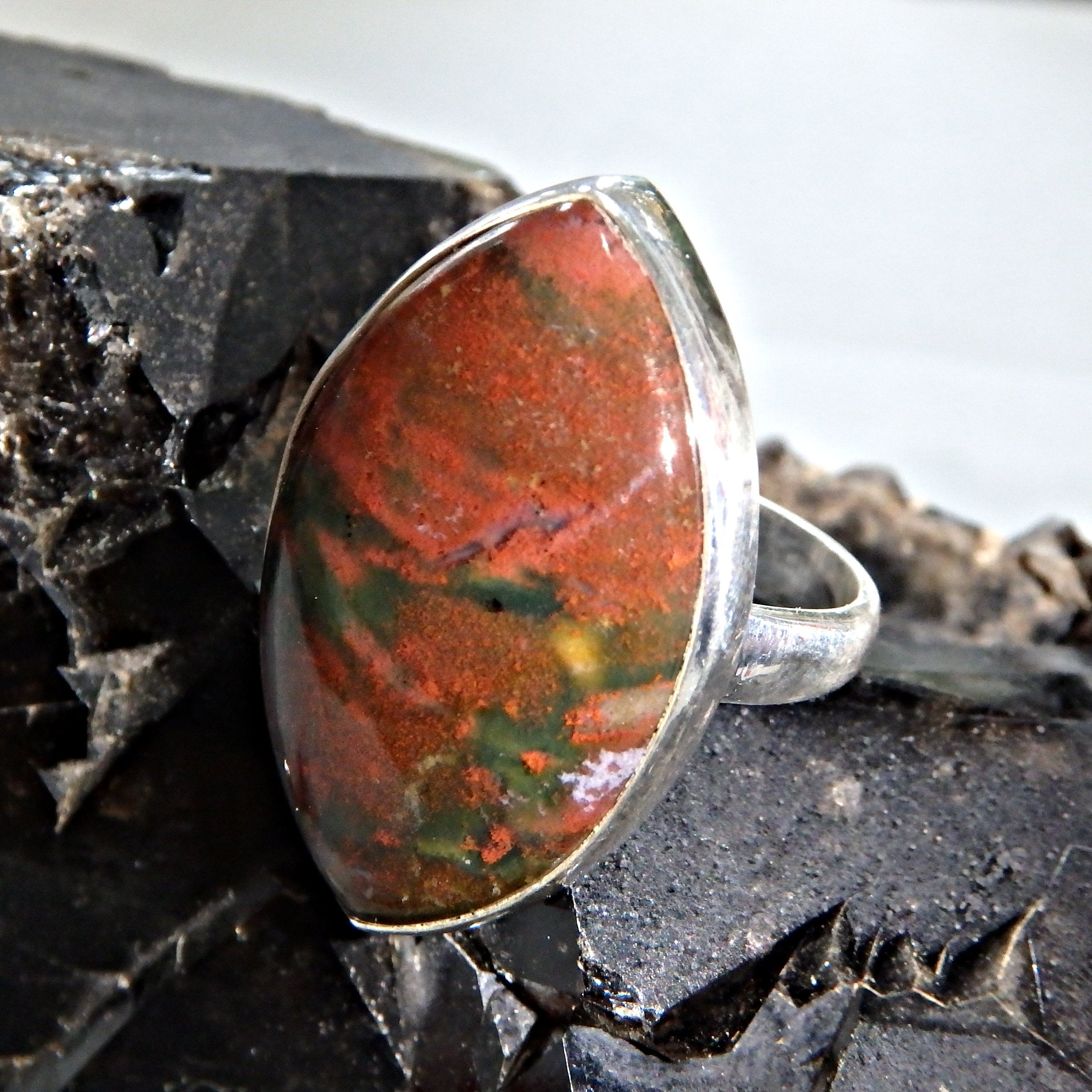 Reserved For Chris M. Exquisite Red Inclusions Bloodstone  Gemstone Ring in Sterling Silver (Size 7.5) - Earth Family Crystals