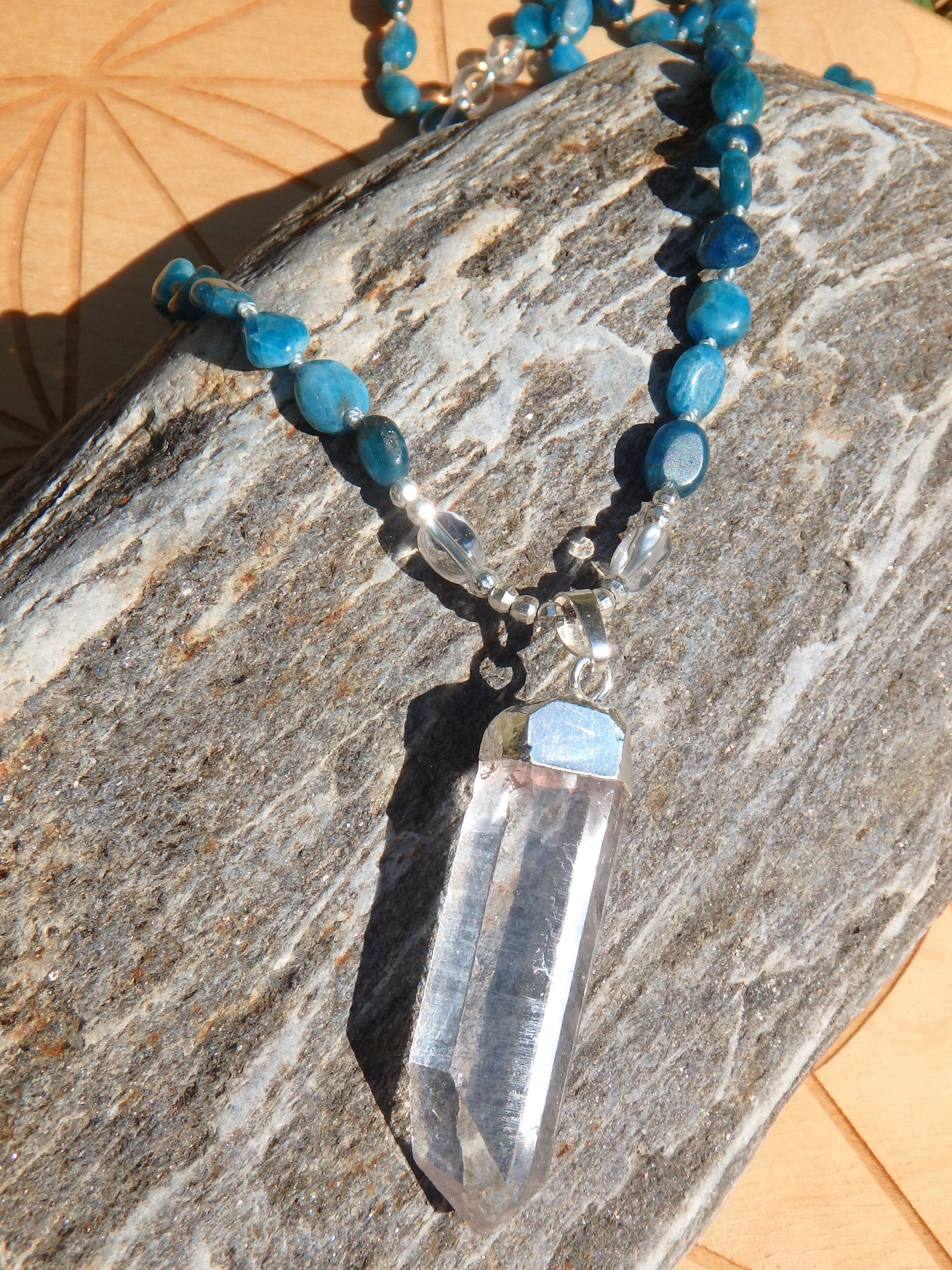 Fabulous Blue Apatite & Clear Quartz Beads Long Necklace With Floating Clear Quartz Pendant - Earth Family Crystals
