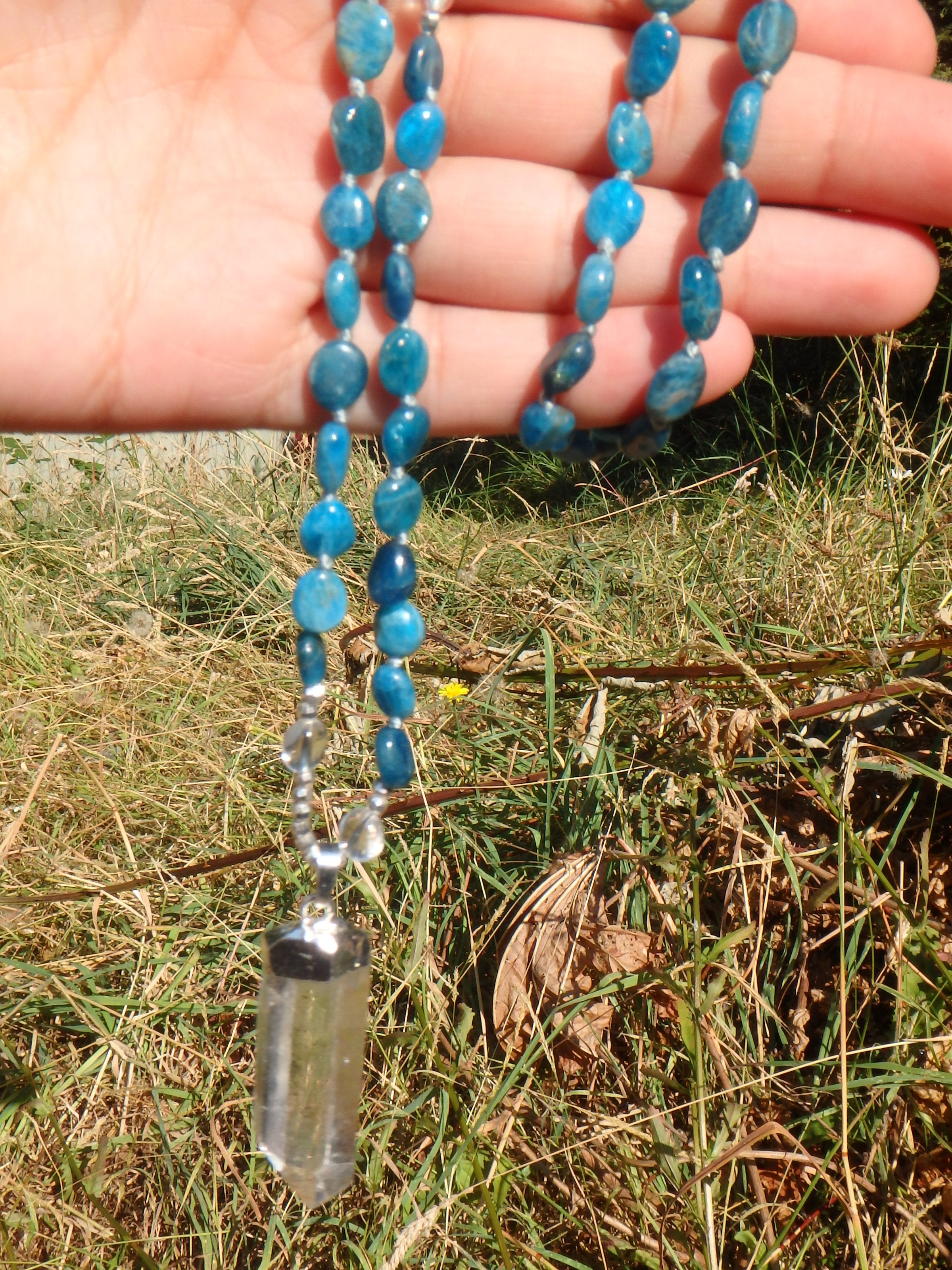 Fabulous Blue Apatite & Clear Quartz Beads Long Necklace With Floating Clear Quartz Pendant - Earth Family Crystals