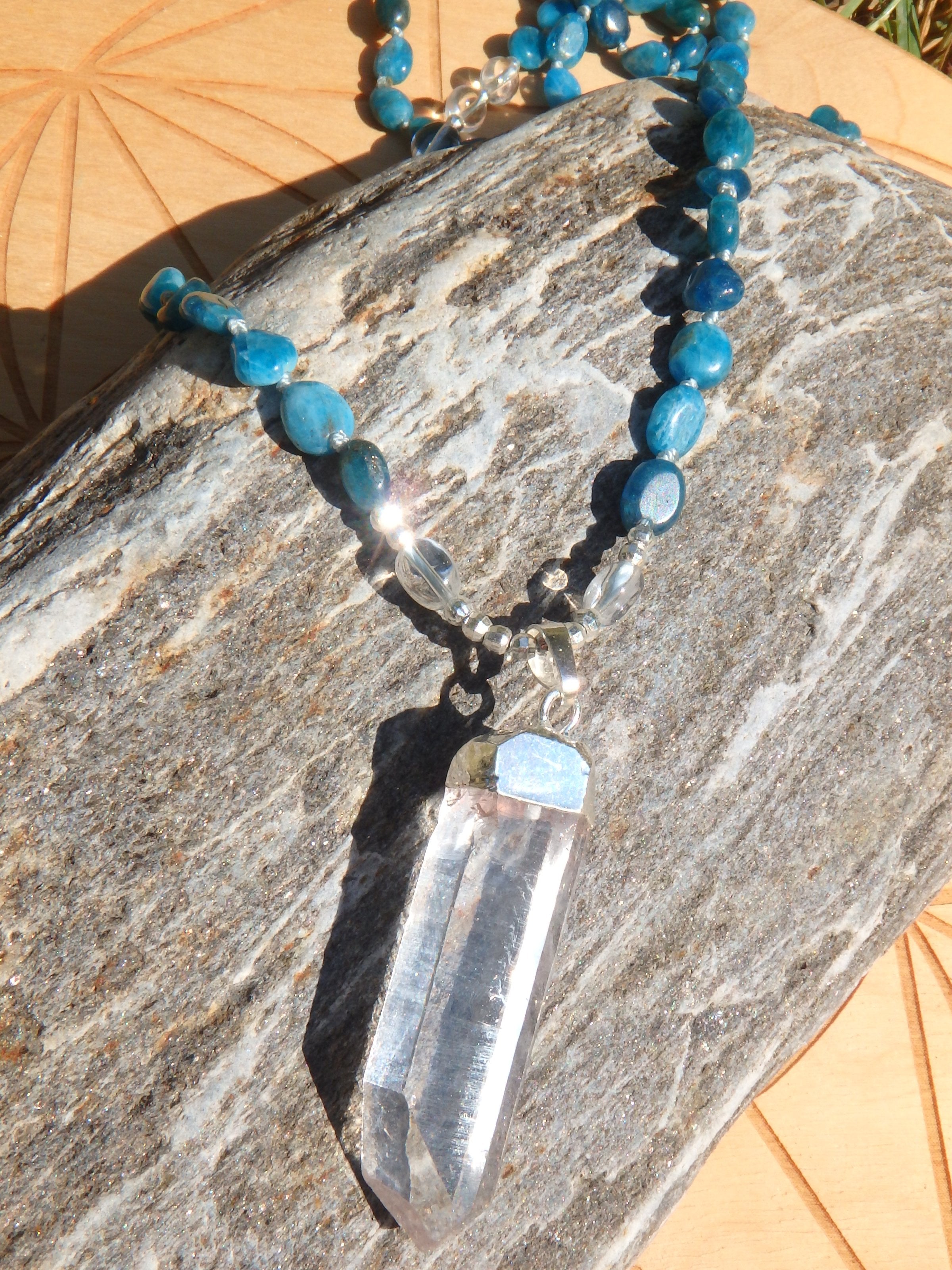 Fabulous Blue Apatite & Clear Quartz Beads Long Necklace With Floating Clear Quartz Pendant - Earth Family Crystals