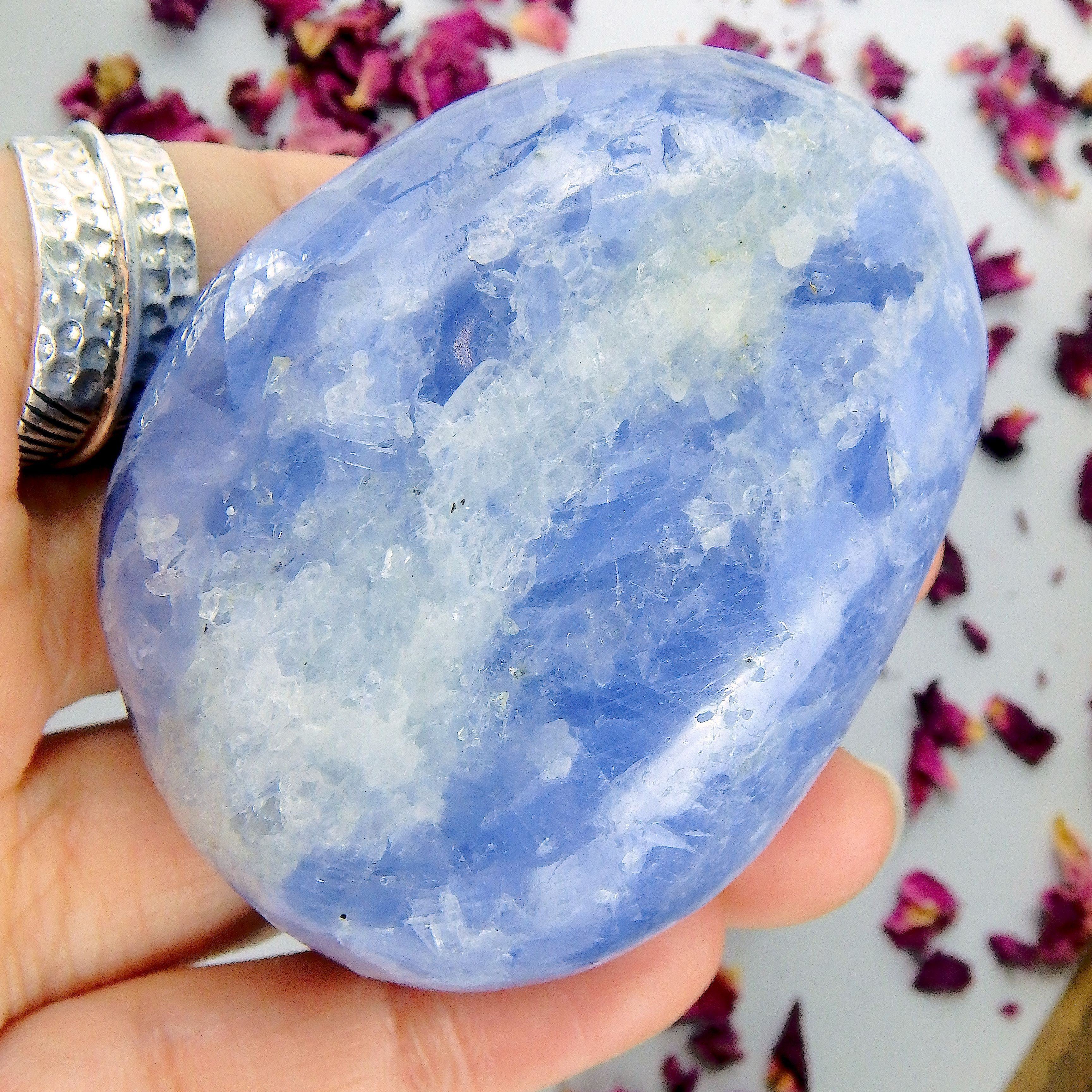 Deep Blue Calcite Palm Stone Carving from Madagascar #1 - Earth Family Crystals