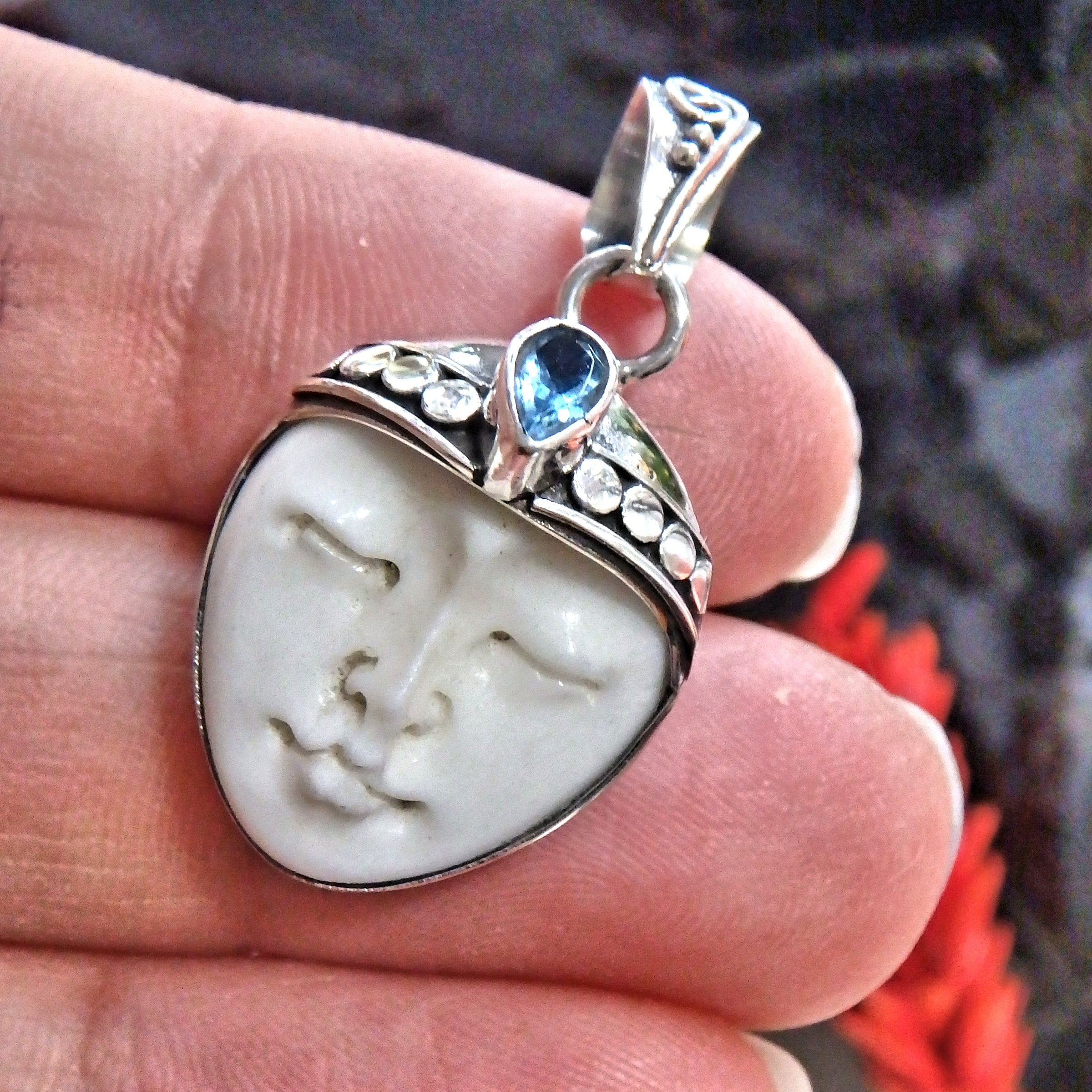 Faceted Blue Topaz & Sleeping Bone Face Pendant in Sterling Silver ( Includes Silver Chain) - Earth Family Crystals