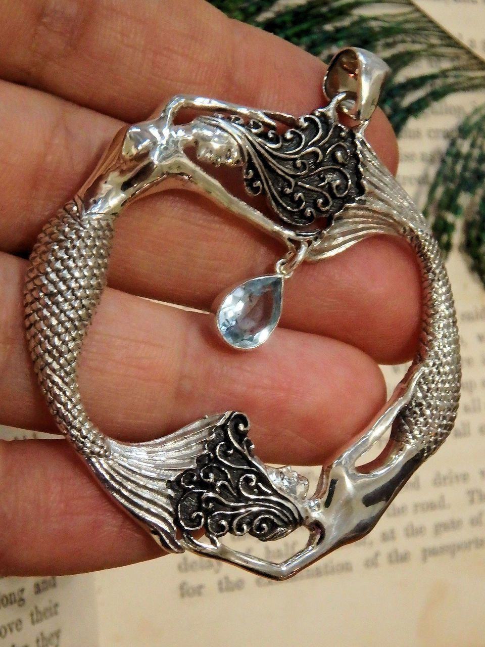 Dancing Mermaids & Faceted Blue Topaz Pendant in Sterling Silver (Includes Silver Chain) - Earth Family Crystals