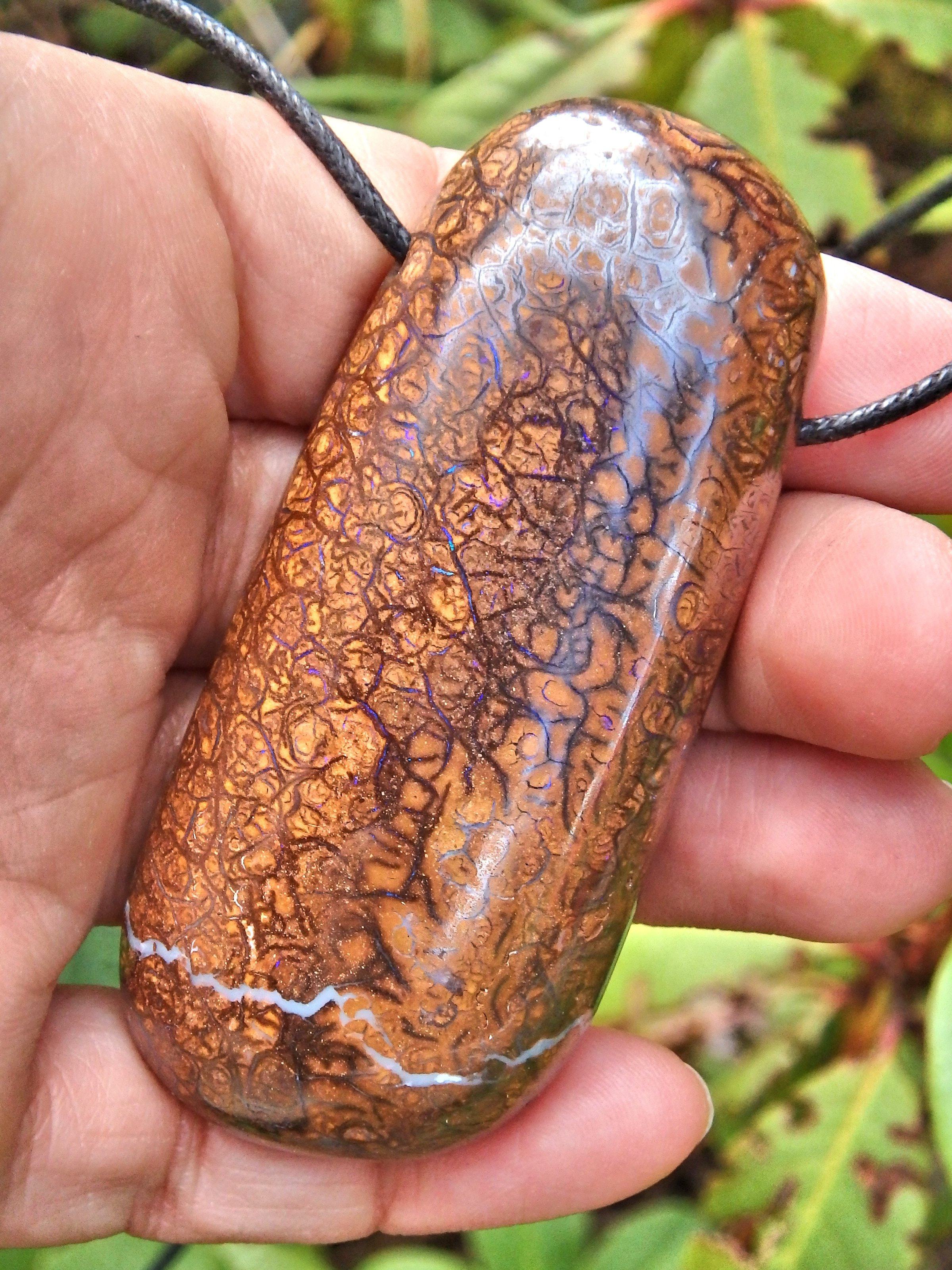 Chunky Long Boulder Opal Stone Necklace With Purple Veins of Flash on Adjustable Cotton Cord - Earth Family Crystals