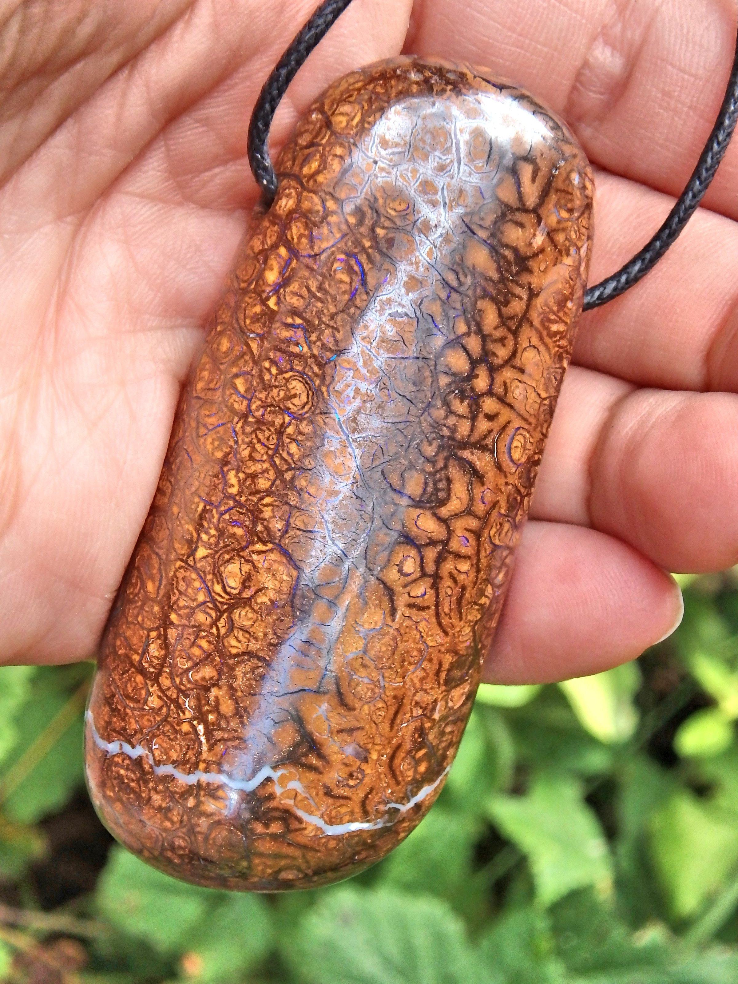 Chunky Long Boulder Opal Stone Necklace With Purple Veins of Flash on Adjustable Cotton Cord - Earth Family Crystals