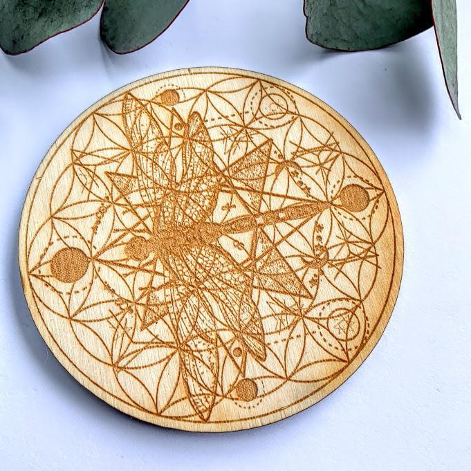 Crystal Mandala Set- 8 Golden Healer Mini Points & Mini Dragonfly Flower of Life Birch Wood Board - Earth Family Crystals