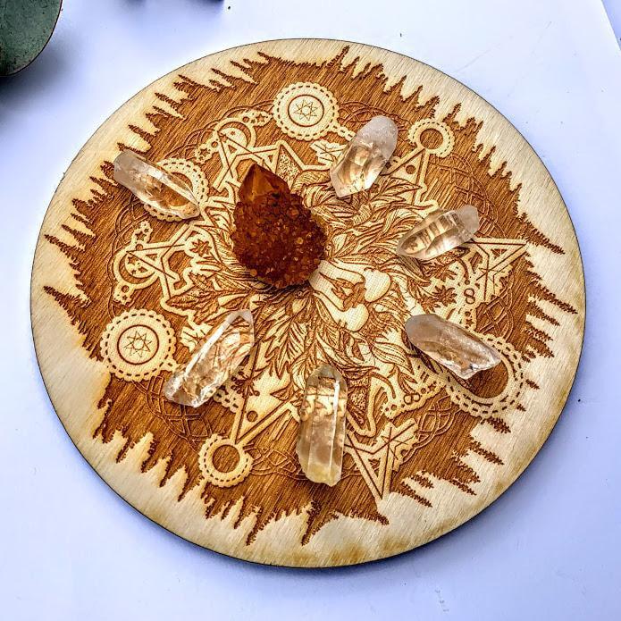 Crystal Mandala Set -Includes Lion Birch Wood Board, Natural Golden Spirit Quartz & 6 Golden Healer Quartz Points - Earth Family Crystals