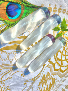 Unicorn Horn Rainbow Fluorite & Optical White Sheen  Selenite Twist Wand (1) - Earth Family Crystals