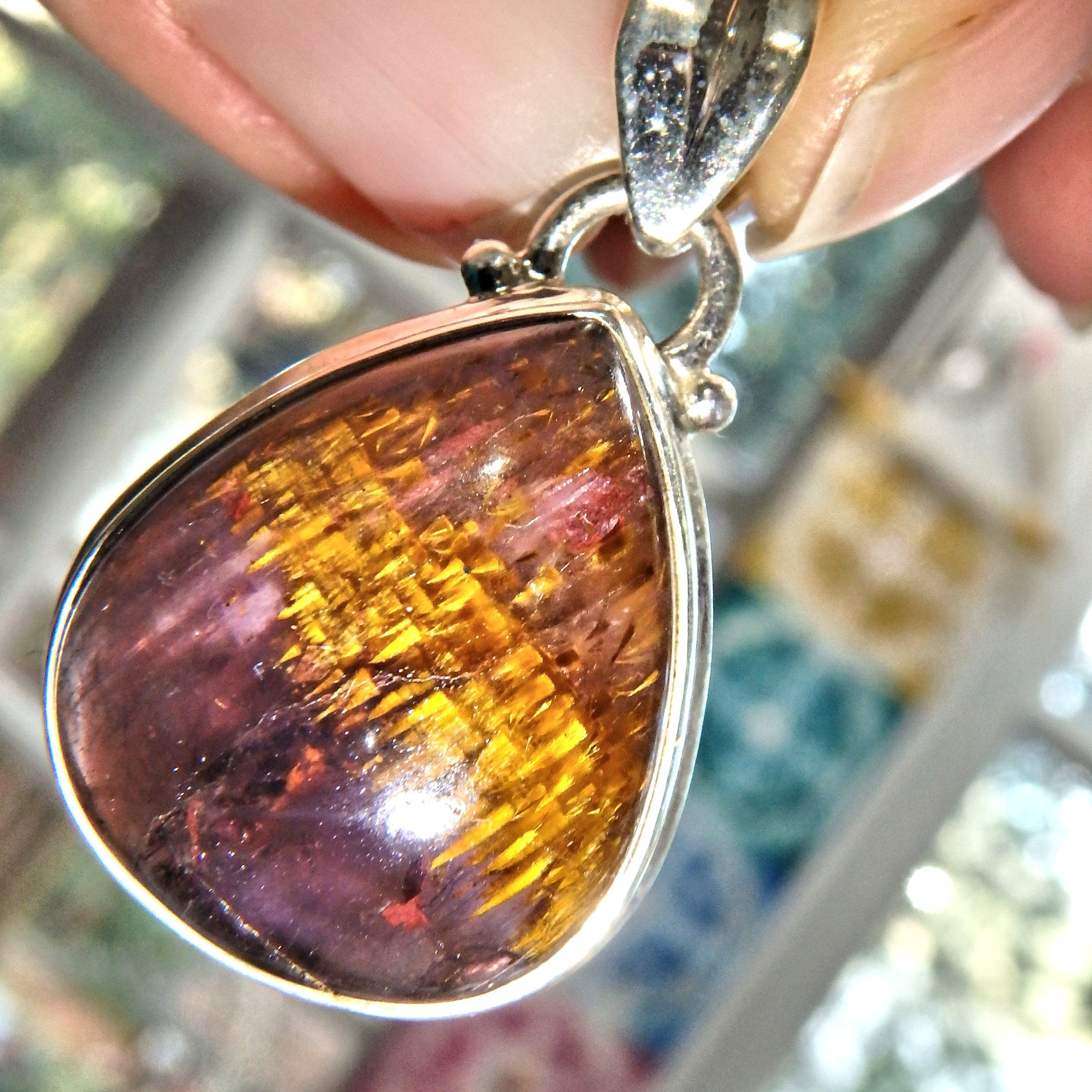 Delightful Inclusions Cacoxenite & Amethyst Gemstone Pendant in Sterling Silver (Includes Silver Chain)1 - Earth Family Crystals