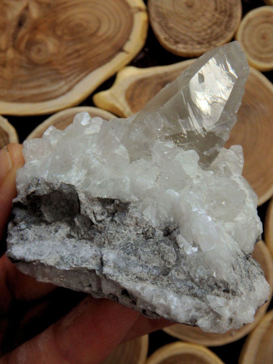 Clear Calcite Points on Rock Matrix Display Specimen - Earth Family Crystals