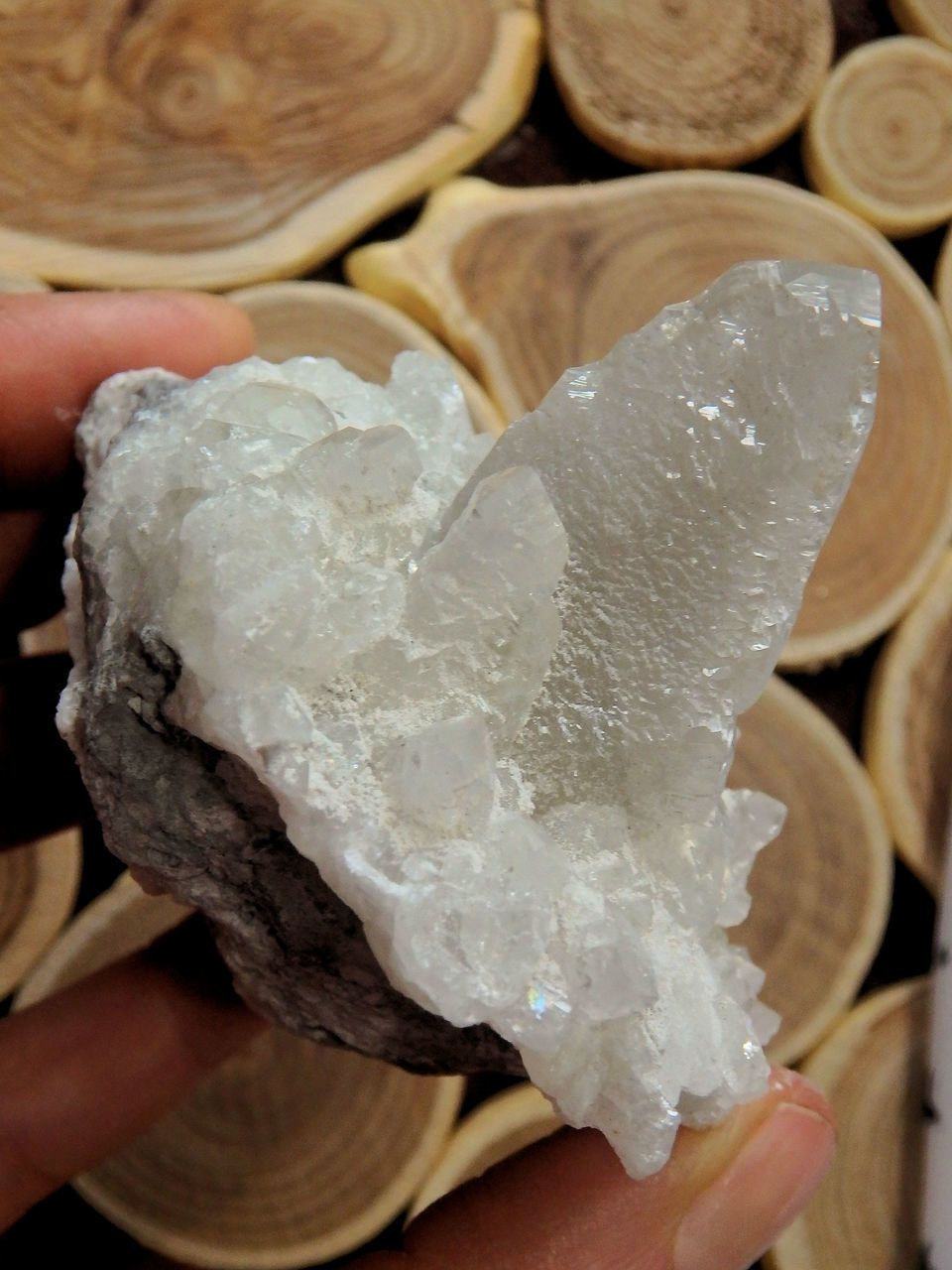 Clear Calcite Points on Rock Matrix Display Specimen - Earth Family Crystals