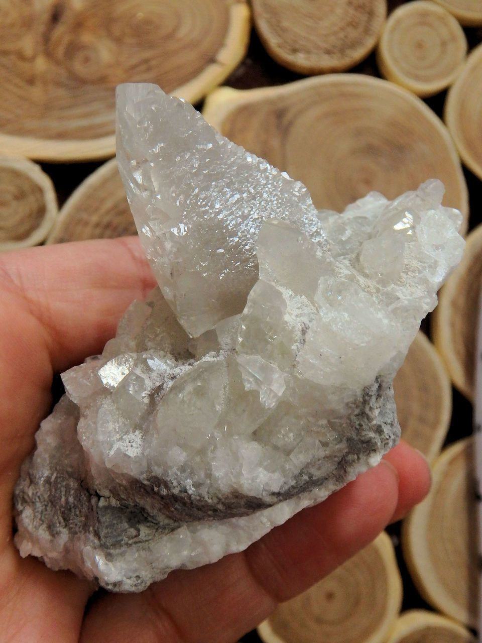 Clear Calcite Points on Rock Matrix Display Specimen - Earth Family Crystals