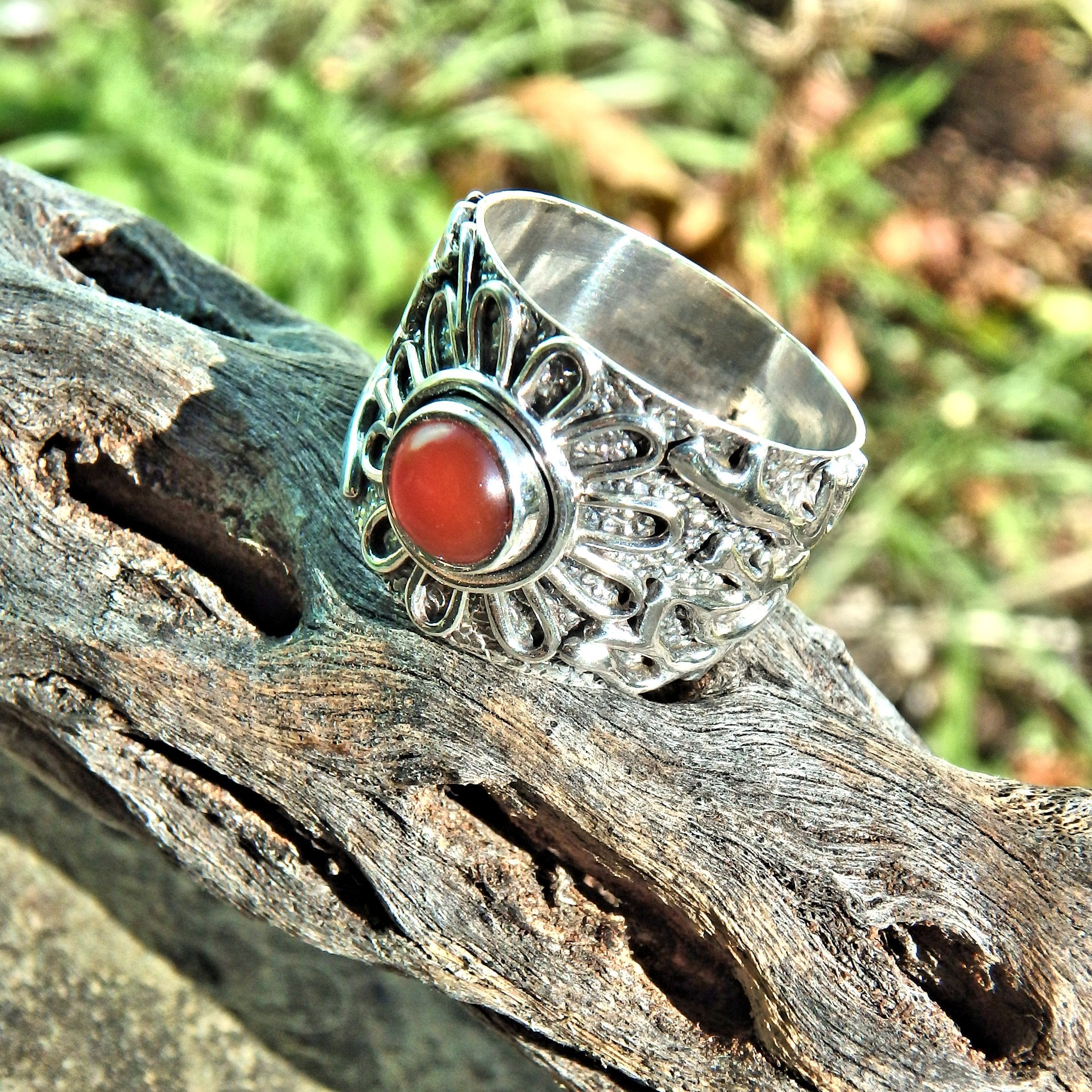 Flower Power Fire Orange Carnelian Ring in Sterling Silver (Size 7) - Earth Family Crystals