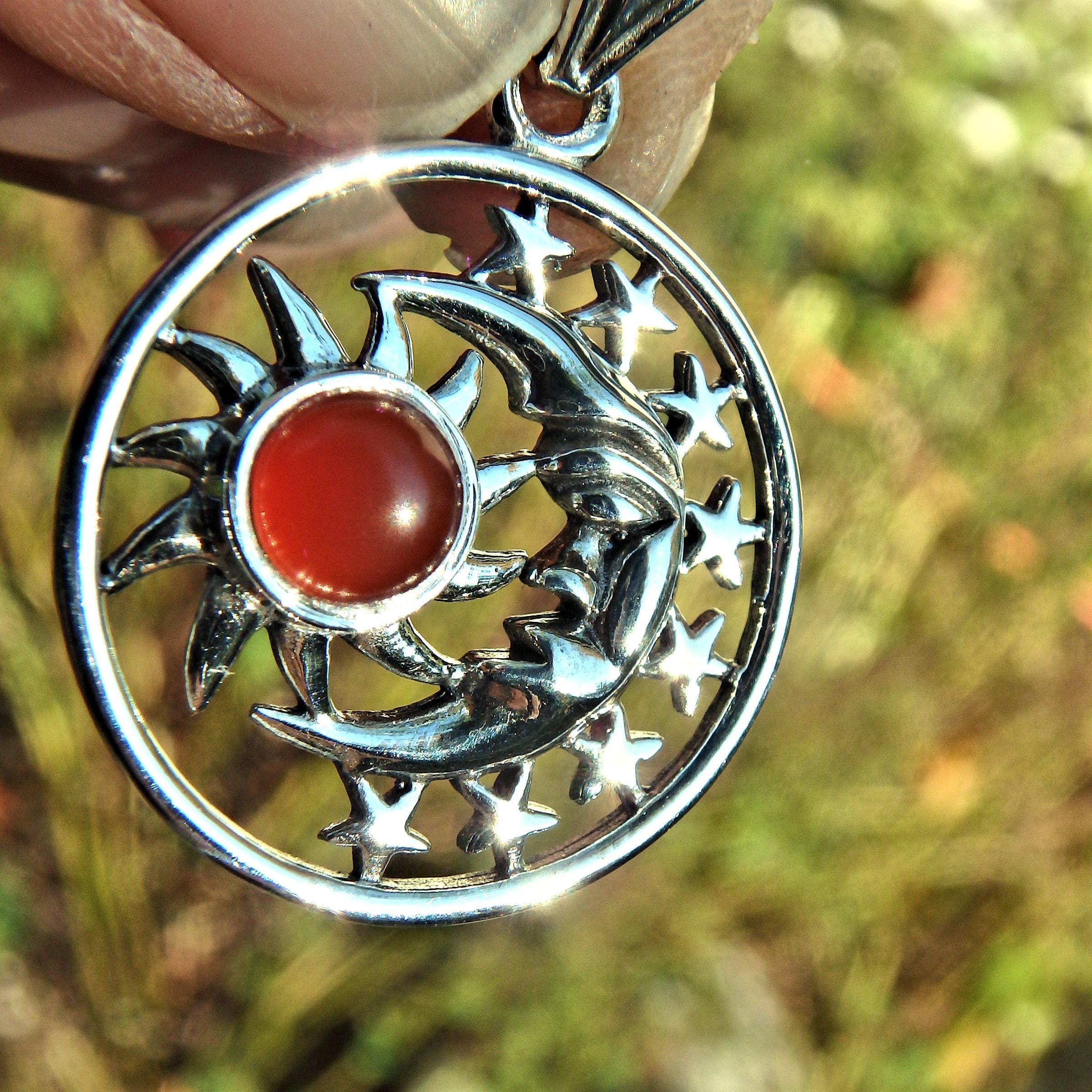 Crescent Moon Face Stars & Carnelian Sun  Pendant in Sterling Silver (Includes Silver Chain) - Earth Family Crystals