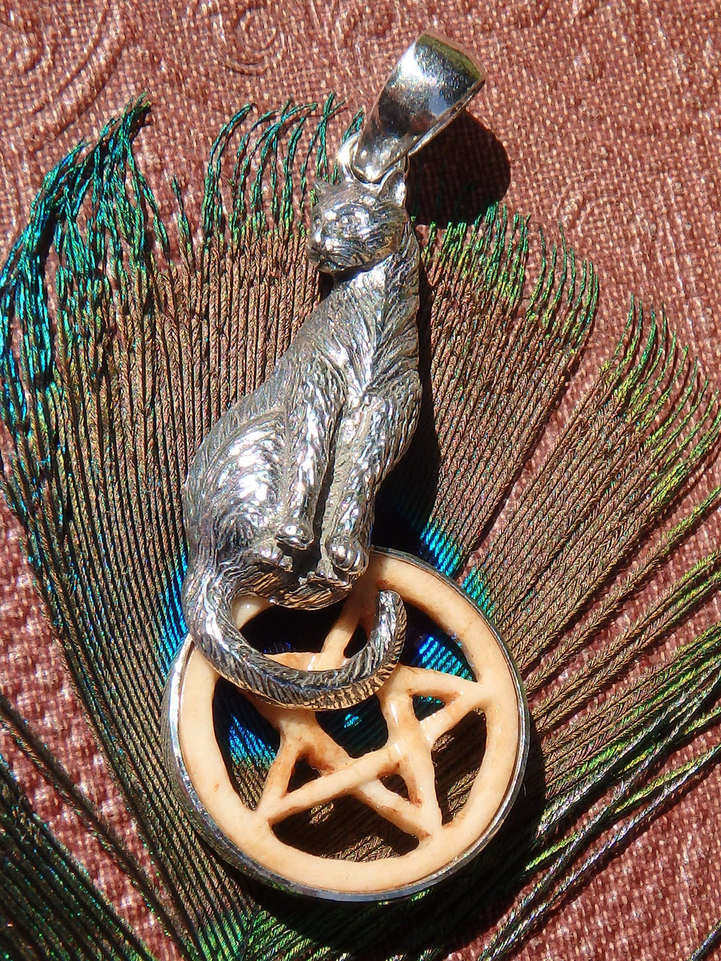 Adorable Cat & Bone Pentacle Pendant in Sterling Silver (Includes Silver Chain) - Earth Family Crystals