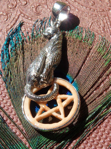 Adorable Cat & Bone Pentacle Pendant in Sterling Silver (Includes Silver Chain) - Earth Family Crystals