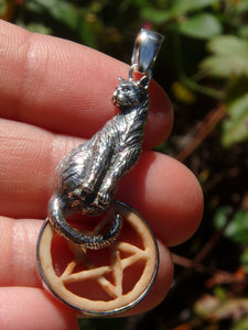 Adorable Cat & Bone Pentacle Pendant in Sterling Silver (Includes Silver Chain) - Earth Family Crystals