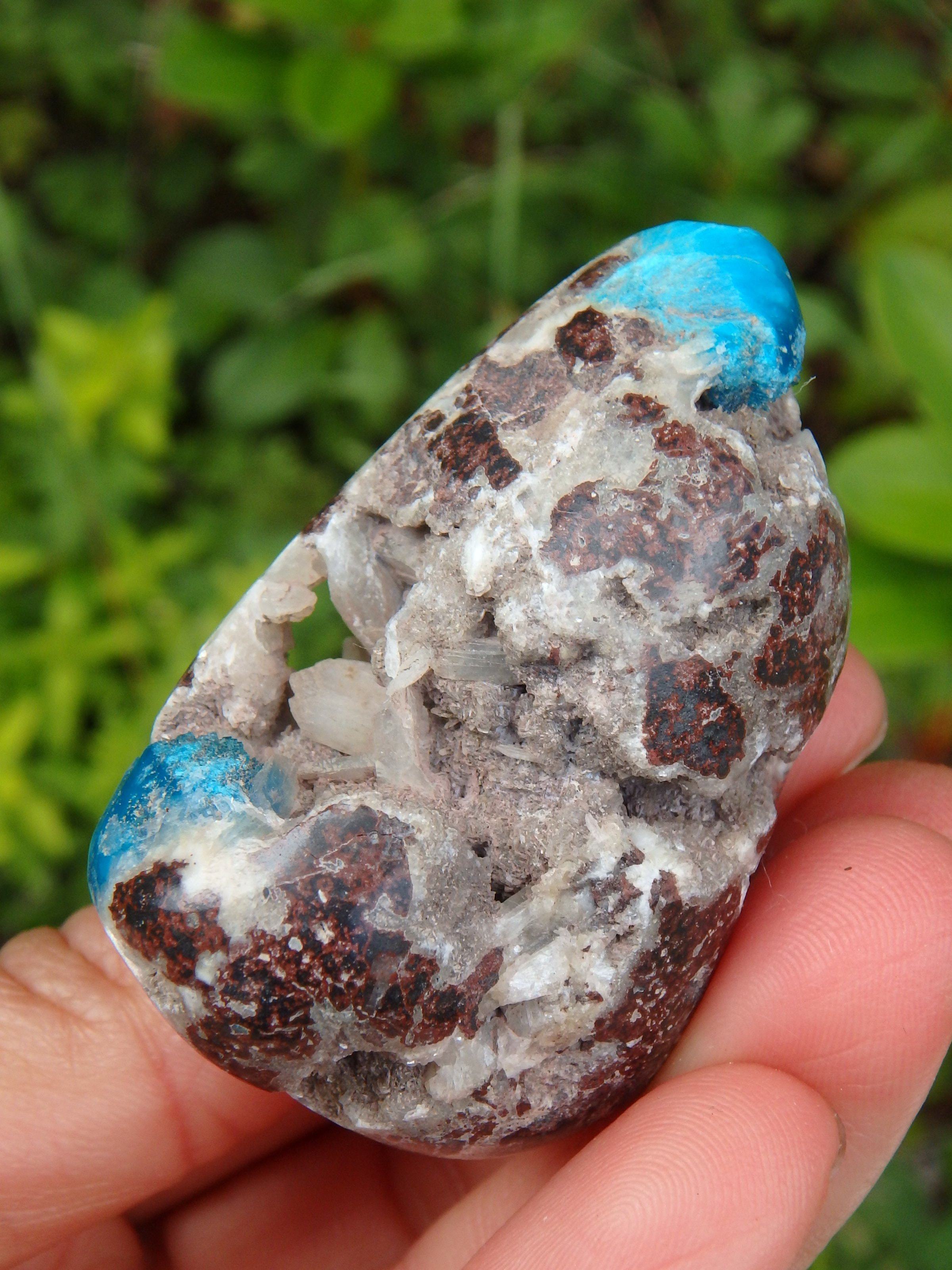 Electric Blue Cavansite in Partially Polished Matrix Palm Stone From India 1 - Earth Family Crystals