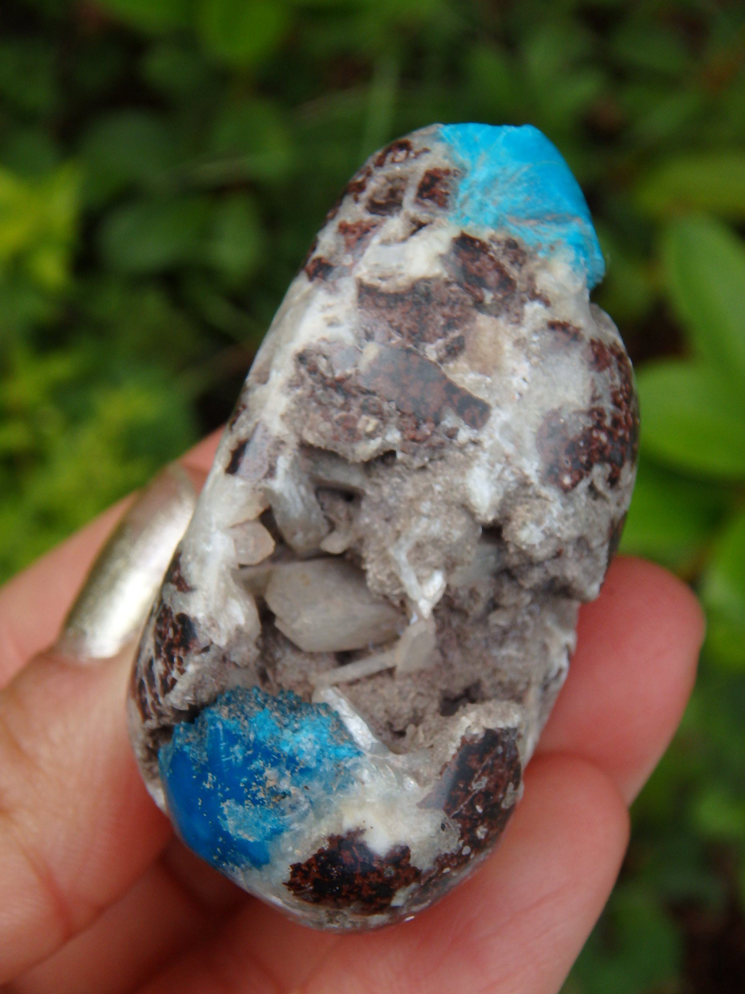 Electric Blue Cavansite in Partially Polished Matrix Palm Stone From India 1 - Earth Family Crystals