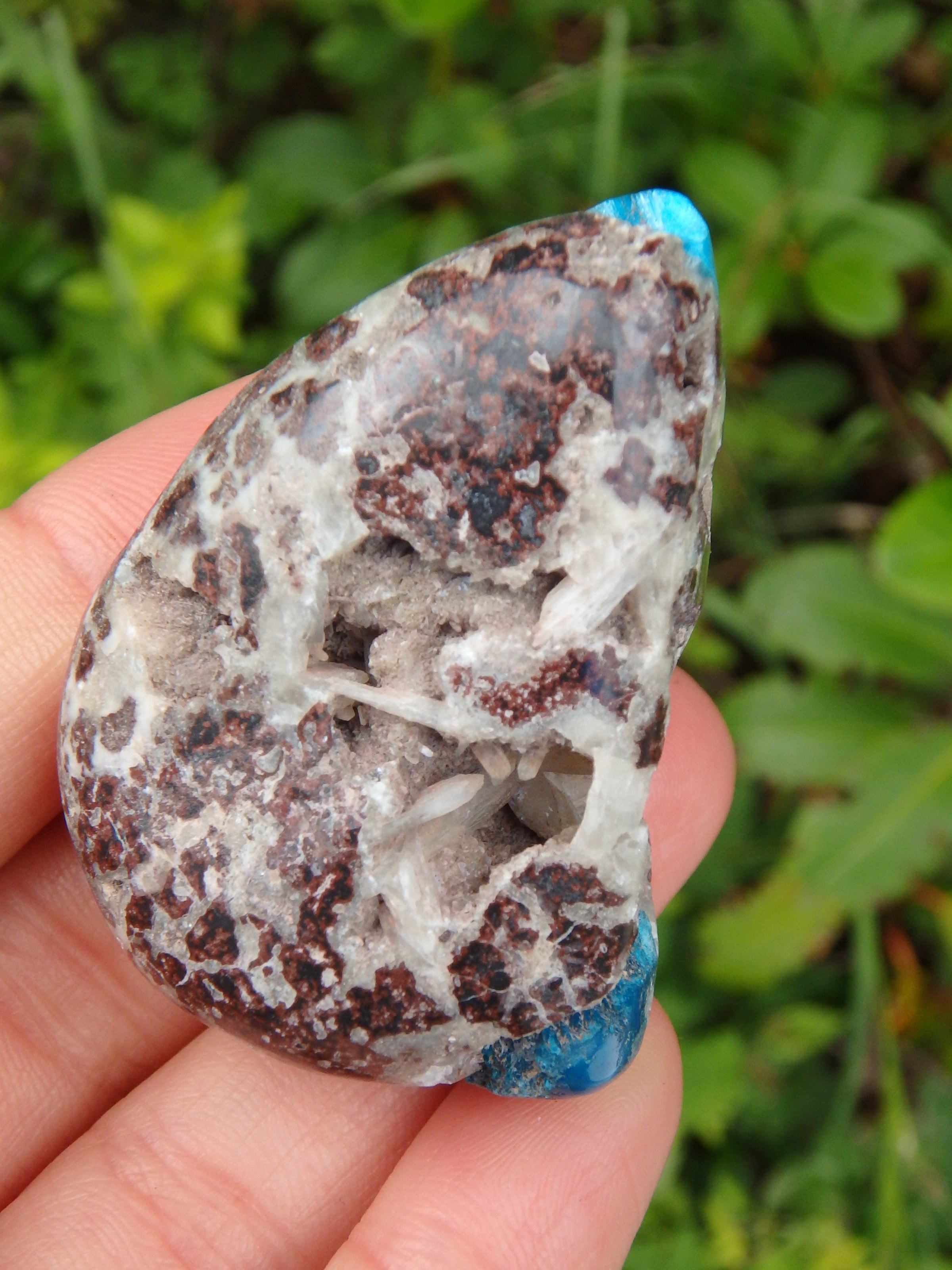 Electric Blue Cavansite in Partially Polished Matrix Palm Stone From India 1 - Earth Family Crystals