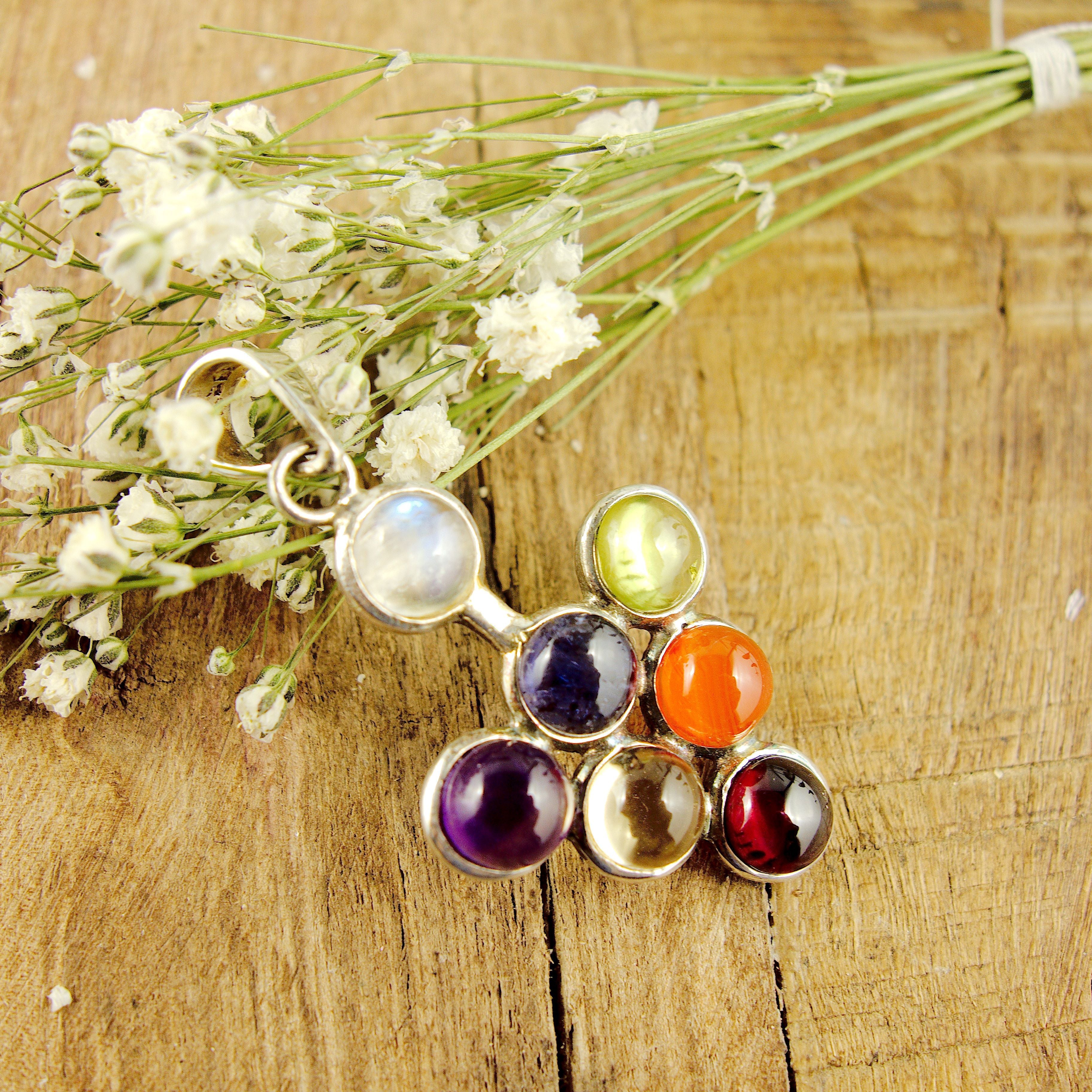 Optical 7 Chakra Stone Pendant in Sterling Silver (Includes Silver Chain)