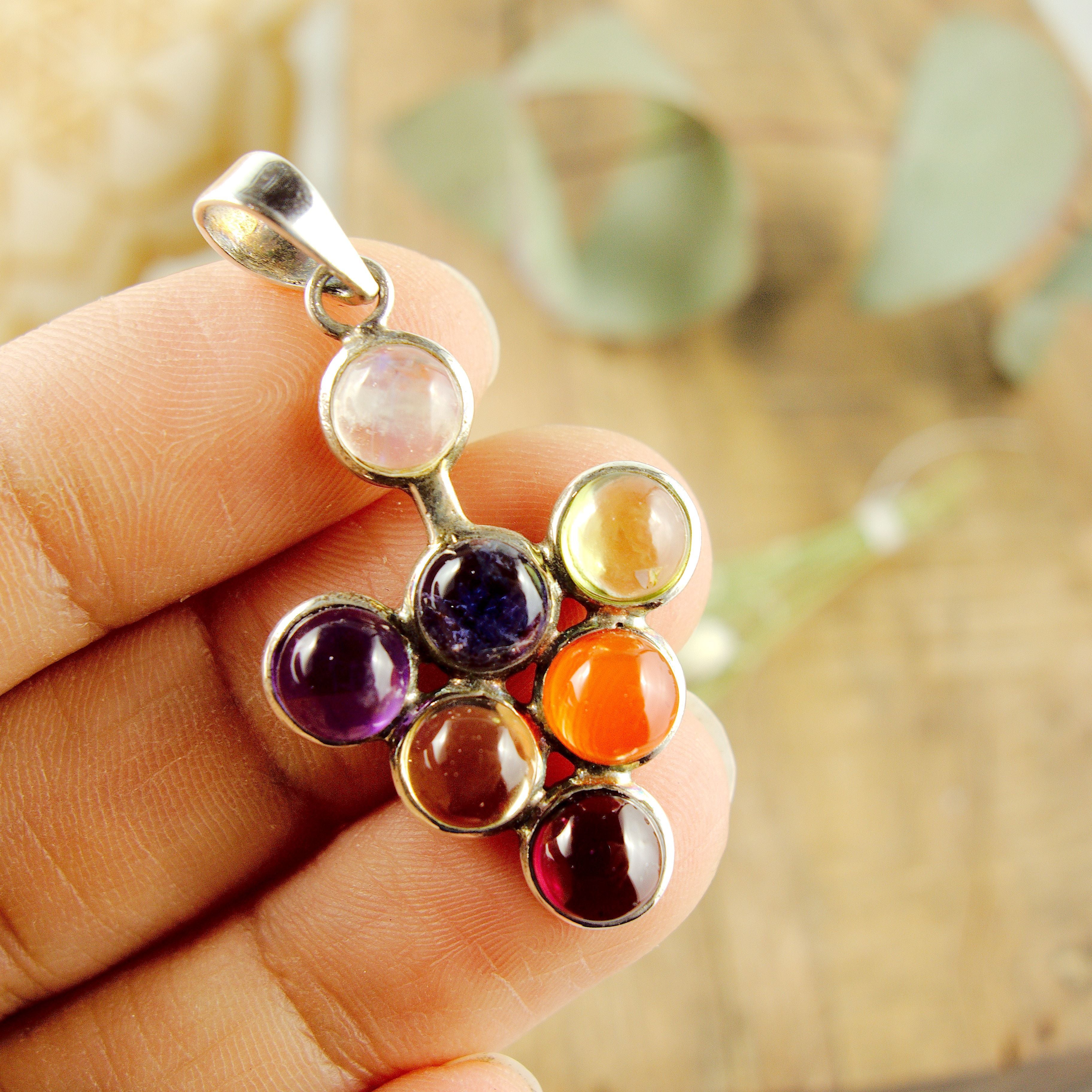 Optical 7 Chakra Stone Pendant in Sterling Silver (Includes Silver Chain)