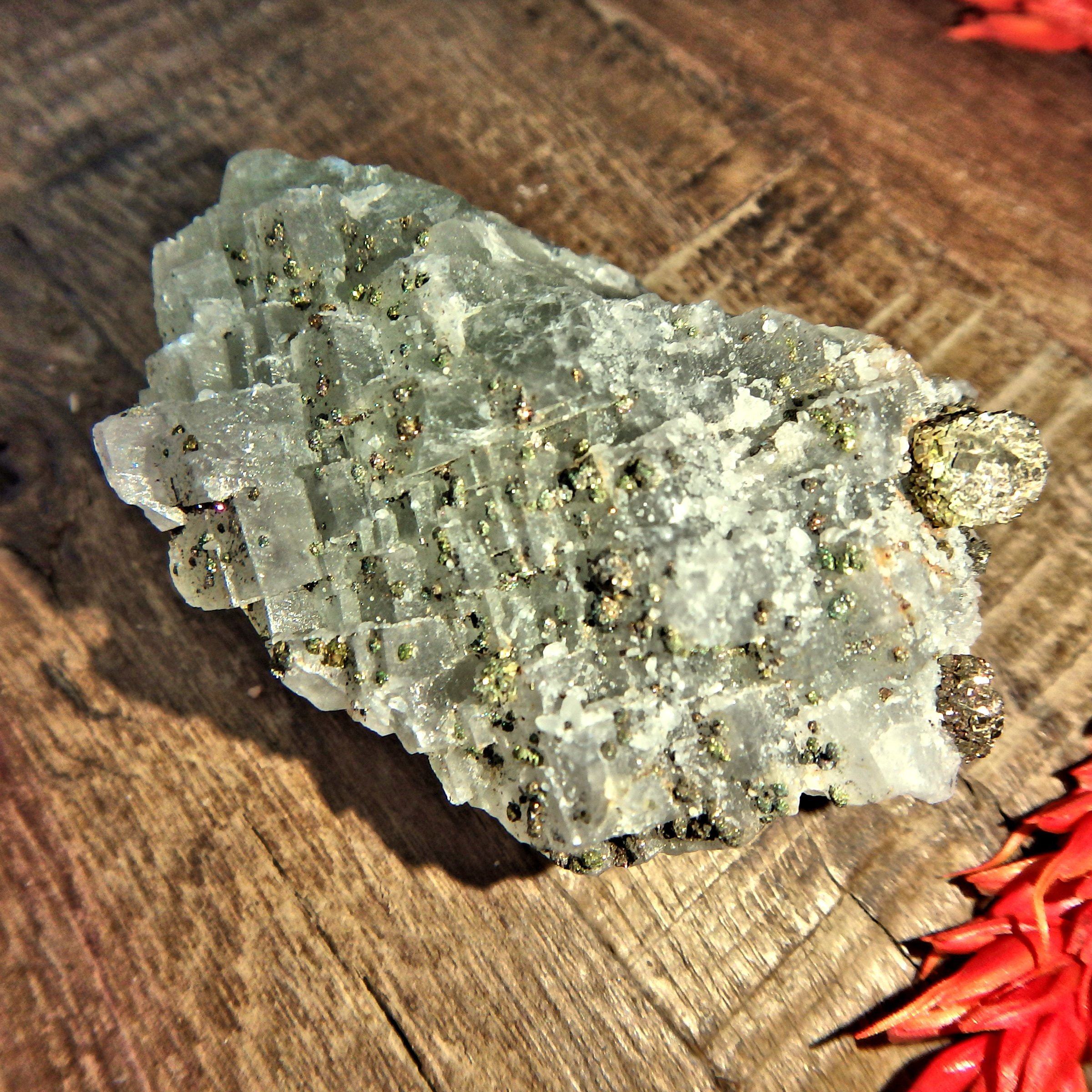 Dusting of Chalcopyrite Druzy On Green Fluorite Matrix - Earth Family Crystals
