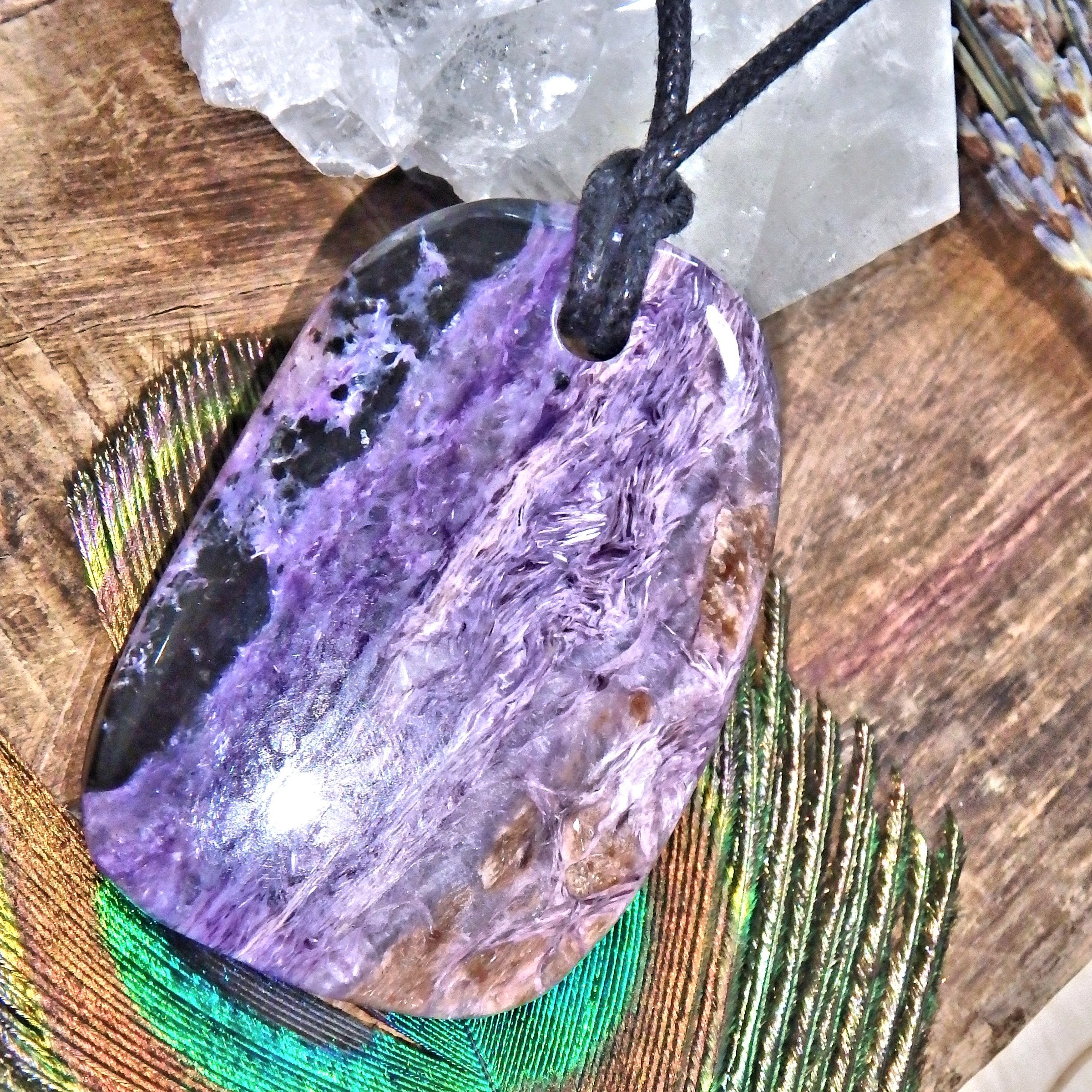 Purple Swirls Chunky Charoite Pendant on Adjustable Cotton Cord 1