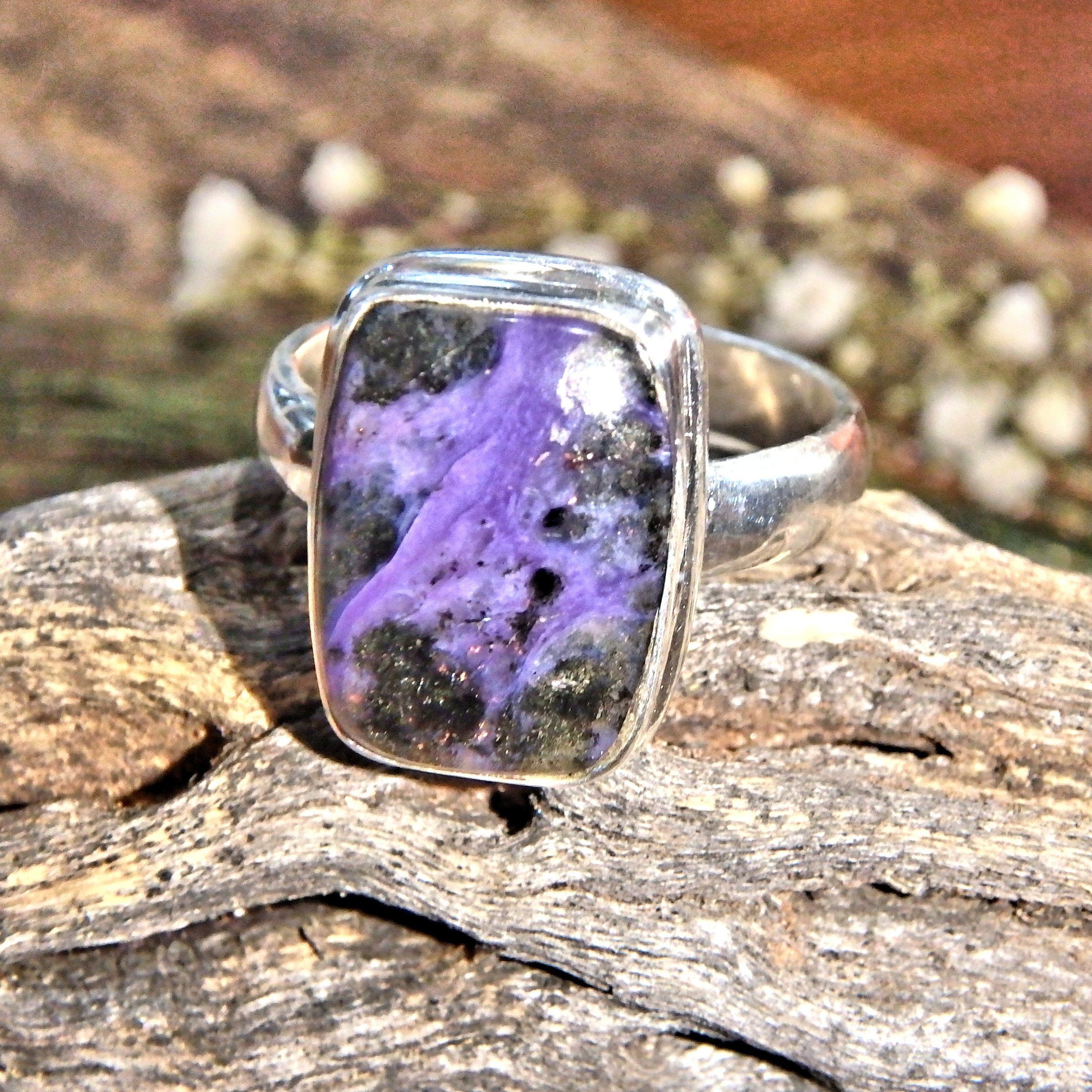 Deep Purple Charoite Swirls Gemstone Ring in Sterling Silver (Size 8) - Earth Family Crystals