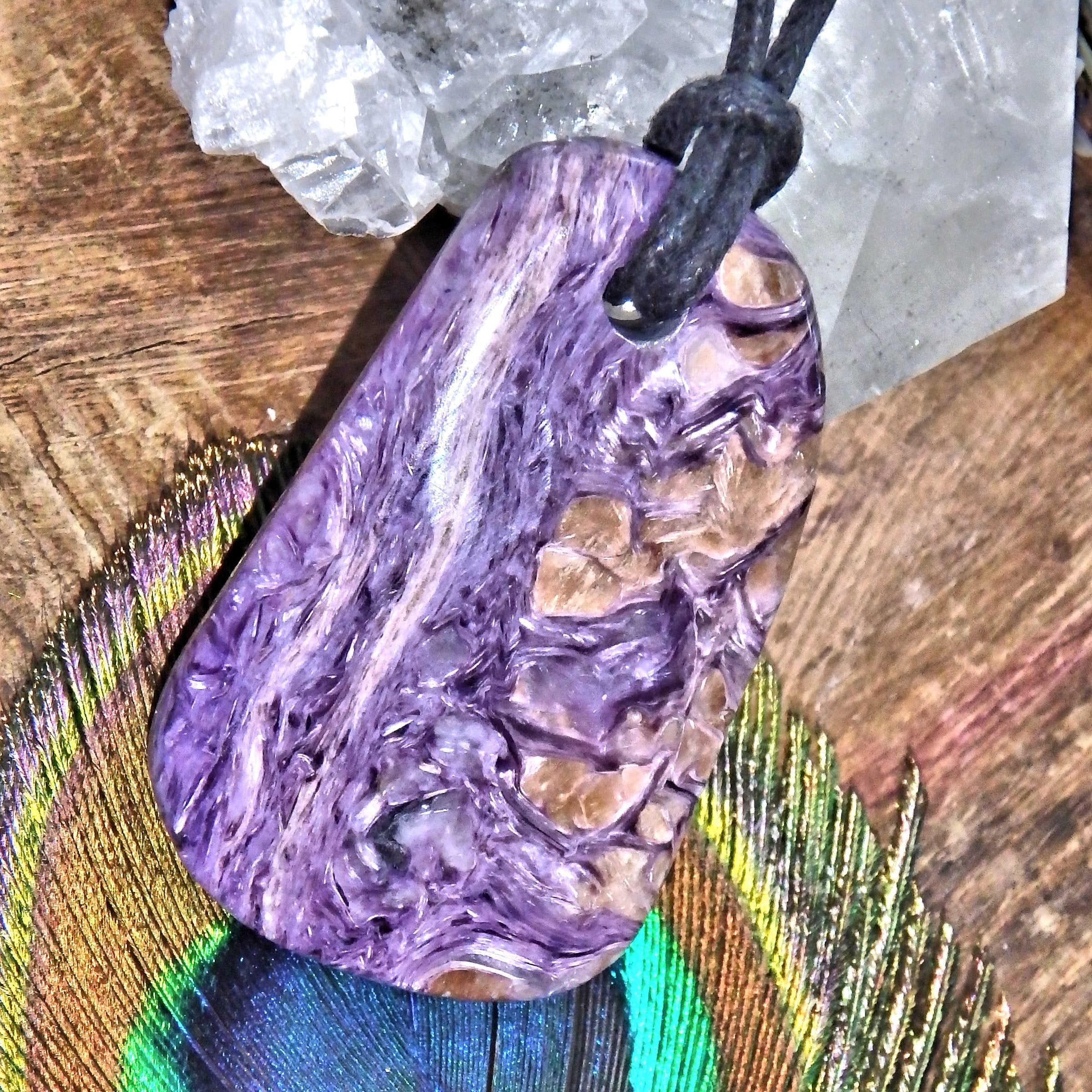 Purple Swirls Chunky Charoite Pendant on Adjustable Cotton Cord 2