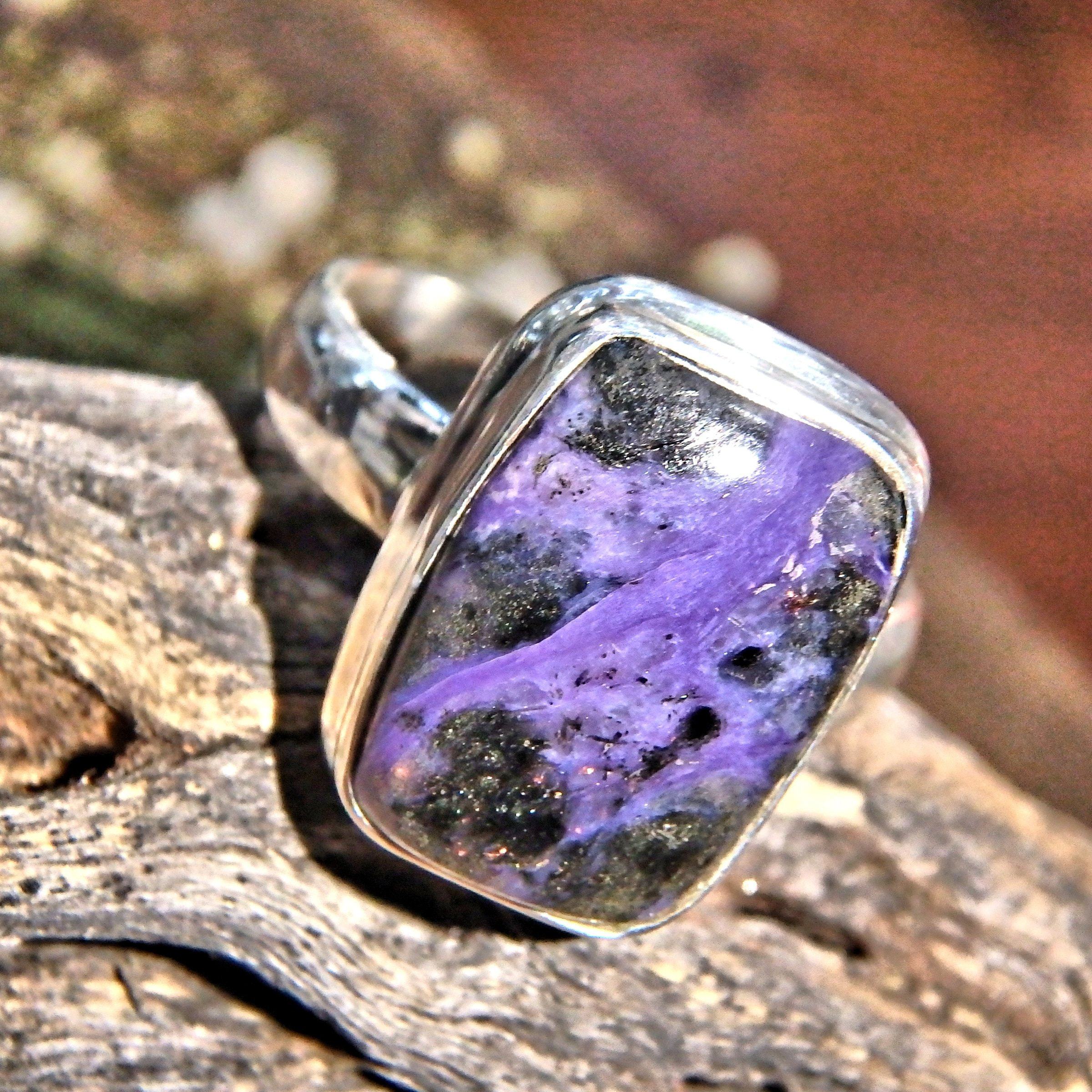 Deep Purple Charoite Swirls Gemstone Ring in Sterling Silver (Size 8) - Earth Family Crystals
