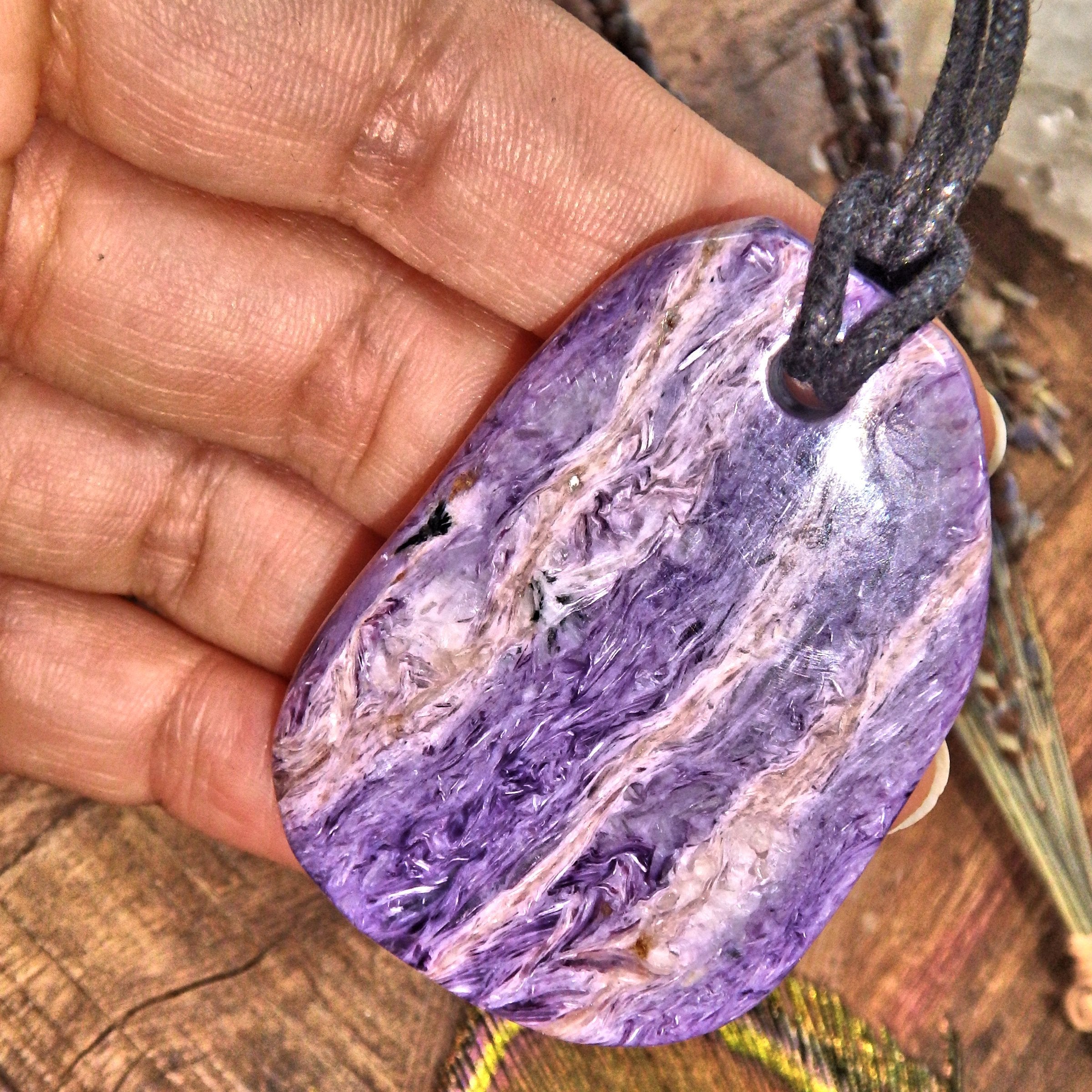 RESERVED For Kim.M-Purple Swirls Chunky Charoite Pendant on Adjustable Cotton Cord 3 - Earth Family Crystals