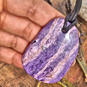 RESERVED For Kim.M-Purple Swirls Chunky Charoite Pendant on Adjustable Cotton Cord 3 - Earth Family Crystals