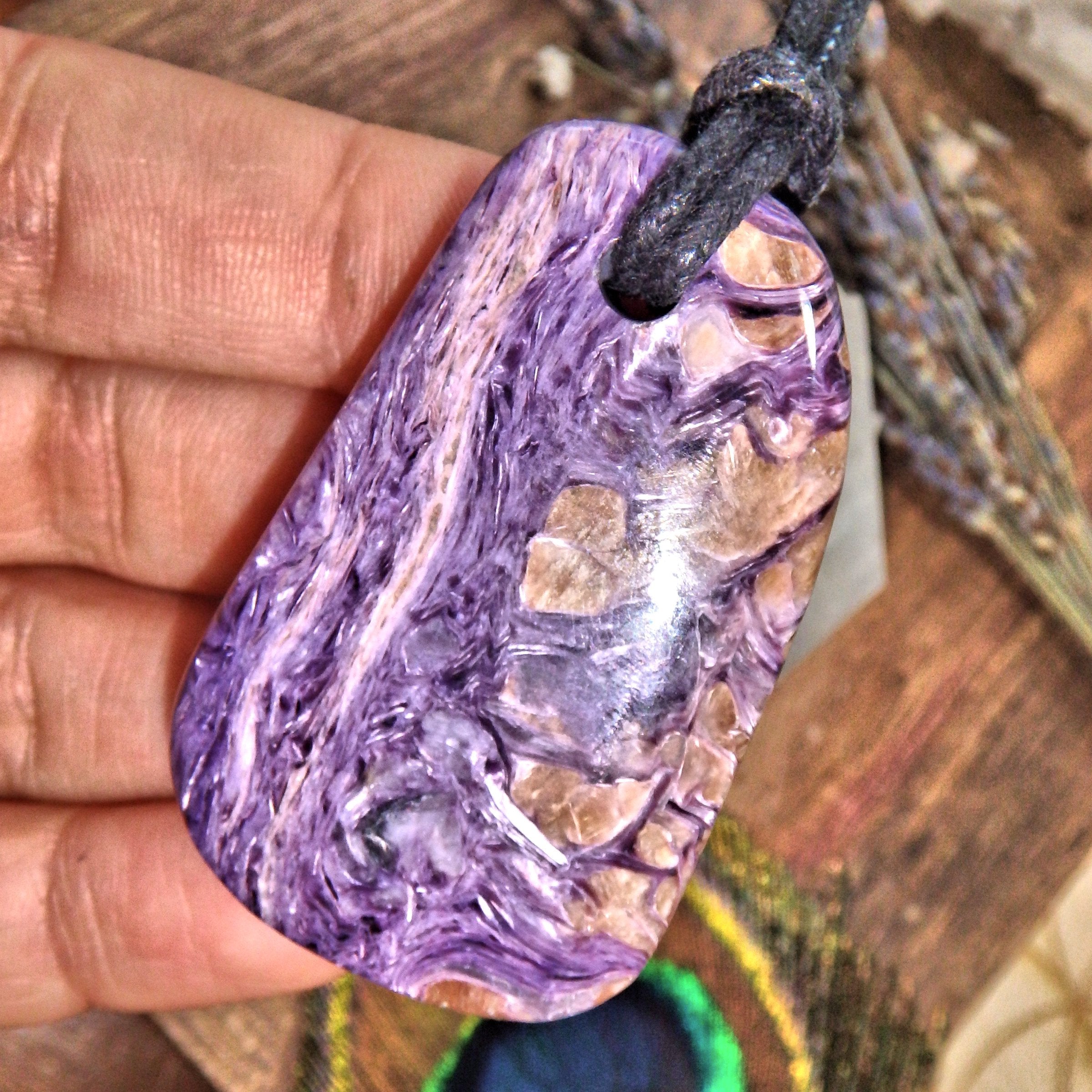 Purple Swirls Chunky Charoite Pendant on Adjustable Cotton Cord 2