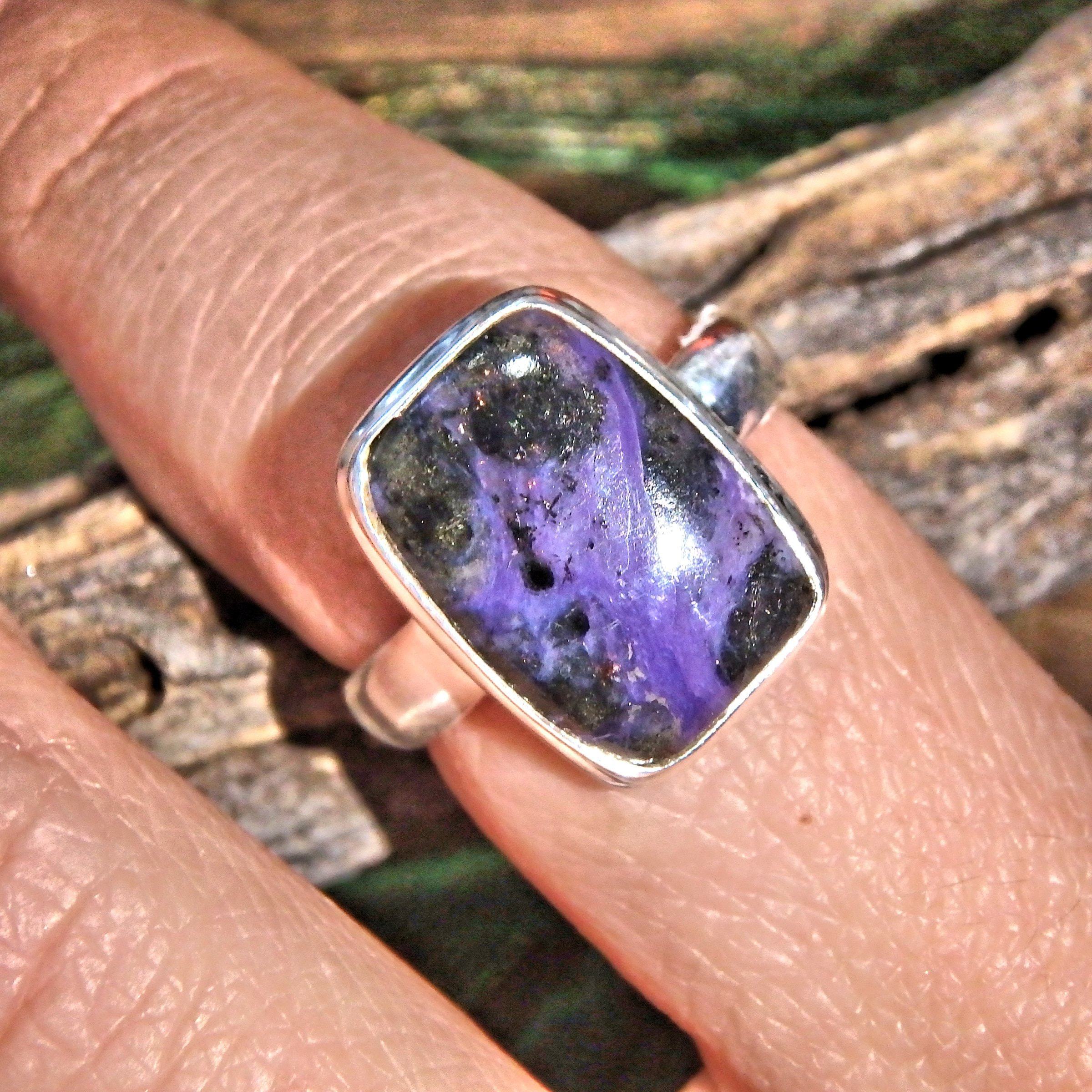 Deep Purple Charoite Swirls Gemstone Ring in Sterling Silver (Size 8) - Earth Family Crystals
