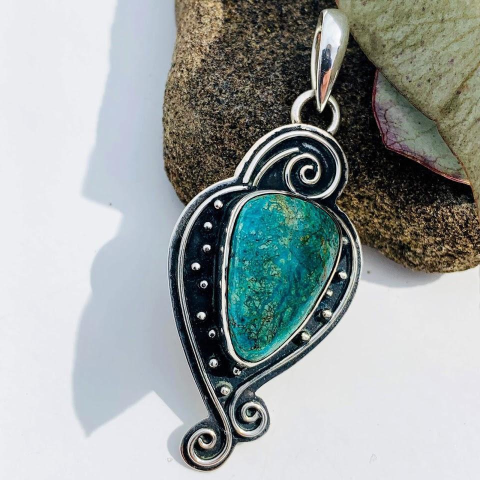 Elegant  Blue Chrysocolla Sterling Silver Pendant (Includes Silver Chain) - Earth Family Crystals