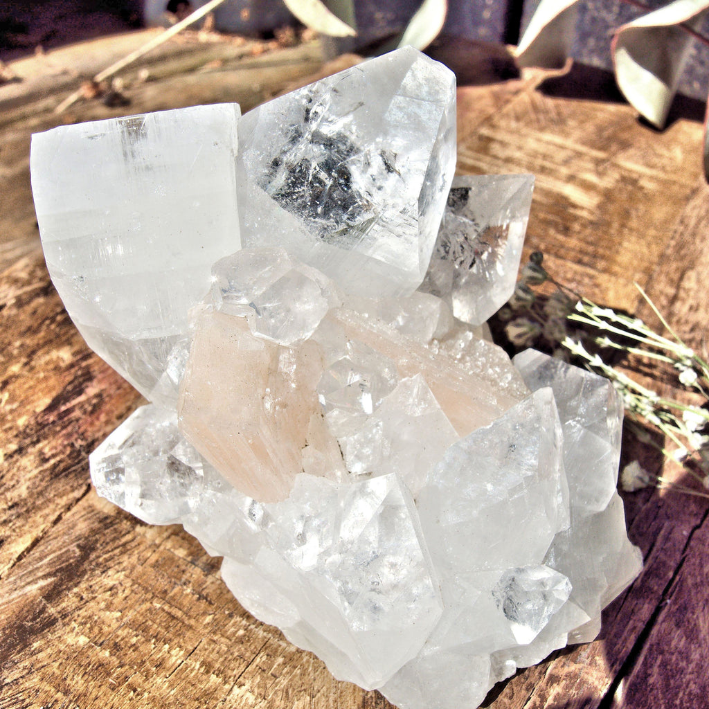 Chunky Clear Apophyllite & Peachy Pink Stilbite Cluster From India - Earth Family Crystals