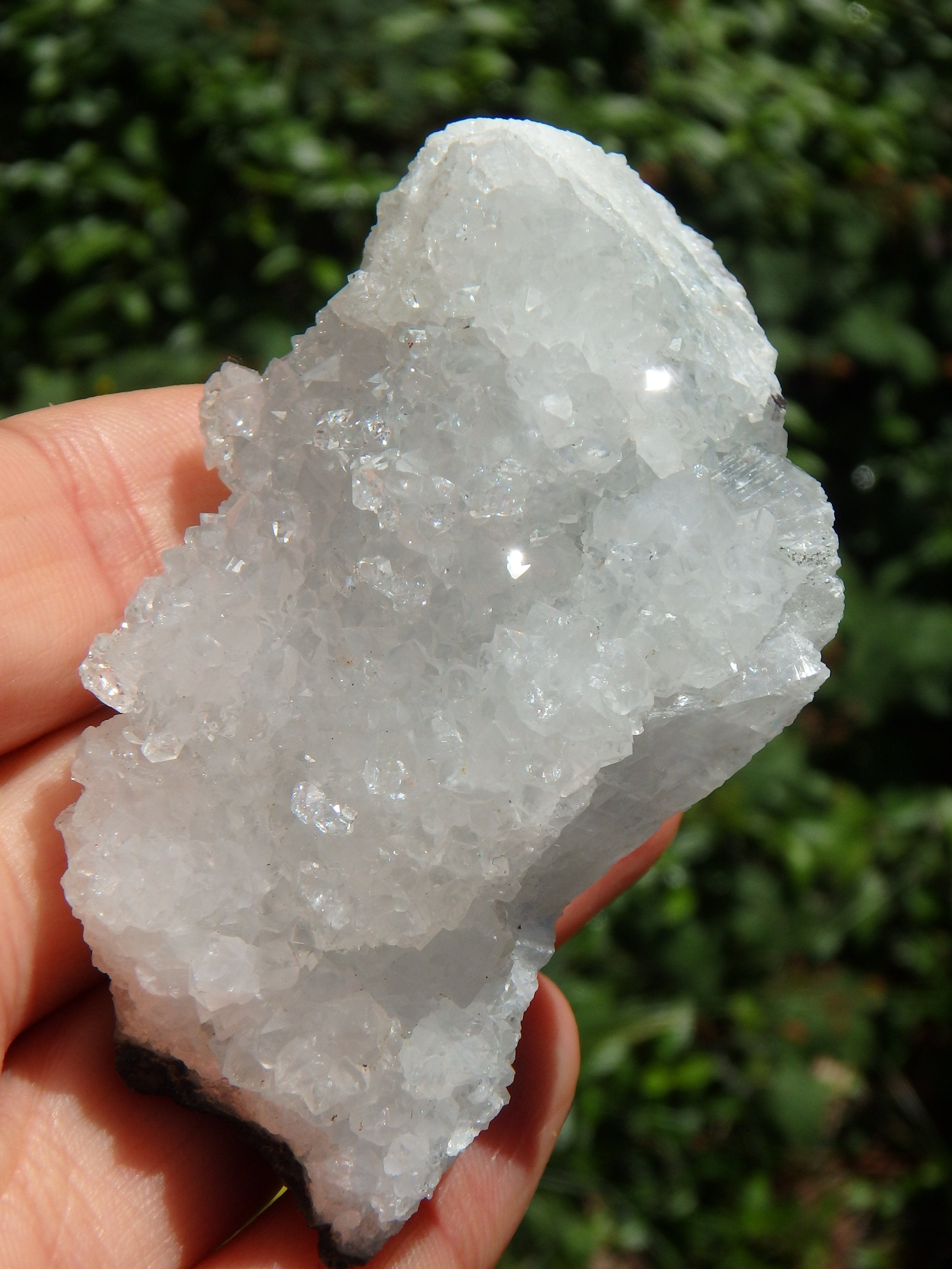 Shimmering Quartz & Apophyllite Druzy Points on Clear Calcite Matrix From India