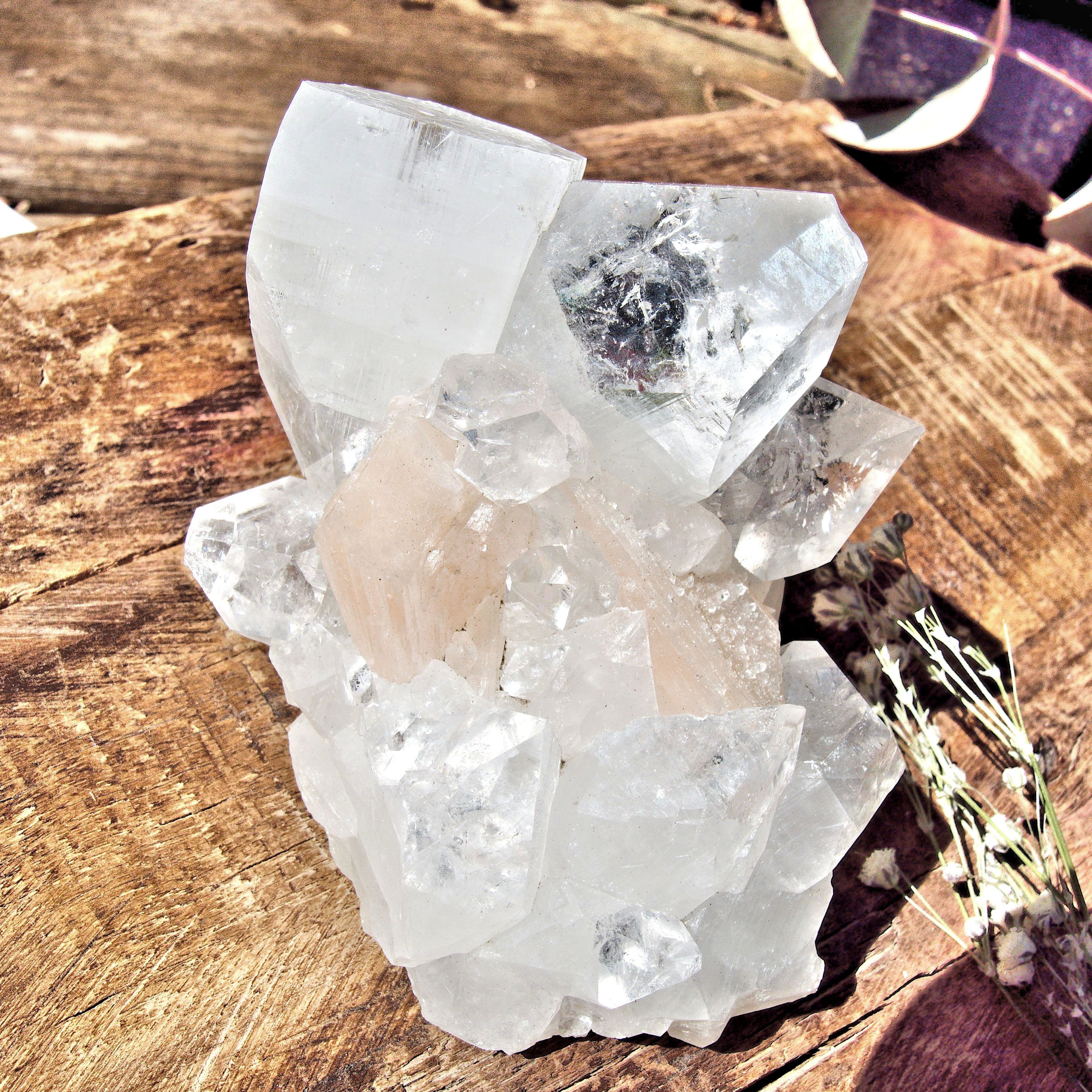 Chunky Clear Apophyllite & Peachy Pink Stilbite Cluster From India - Earth Family Crystals