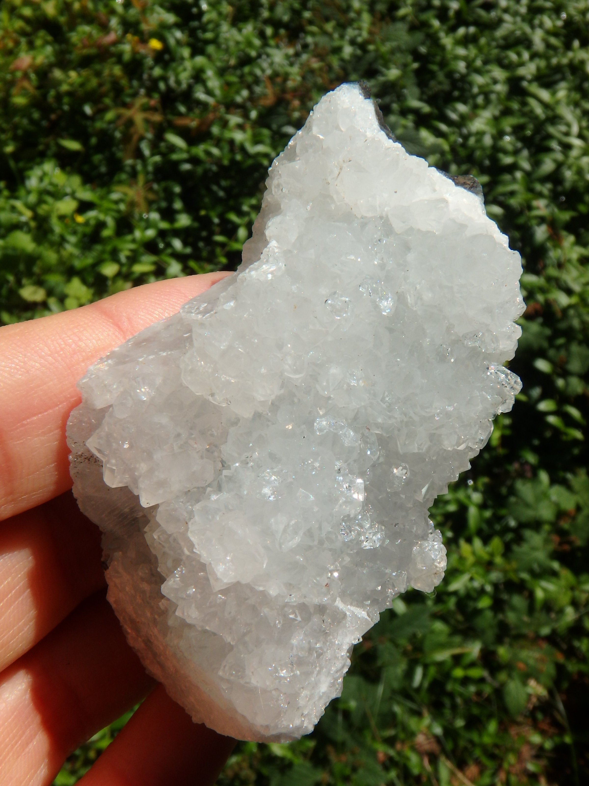 Shimmering Quartz & Apophyllite Druzy Points on Clear Calcite Matrix From India