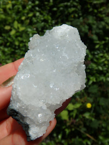 Shimmering Quartz & Apophyllite Druzy Points on Clear Calcite Matrix From India