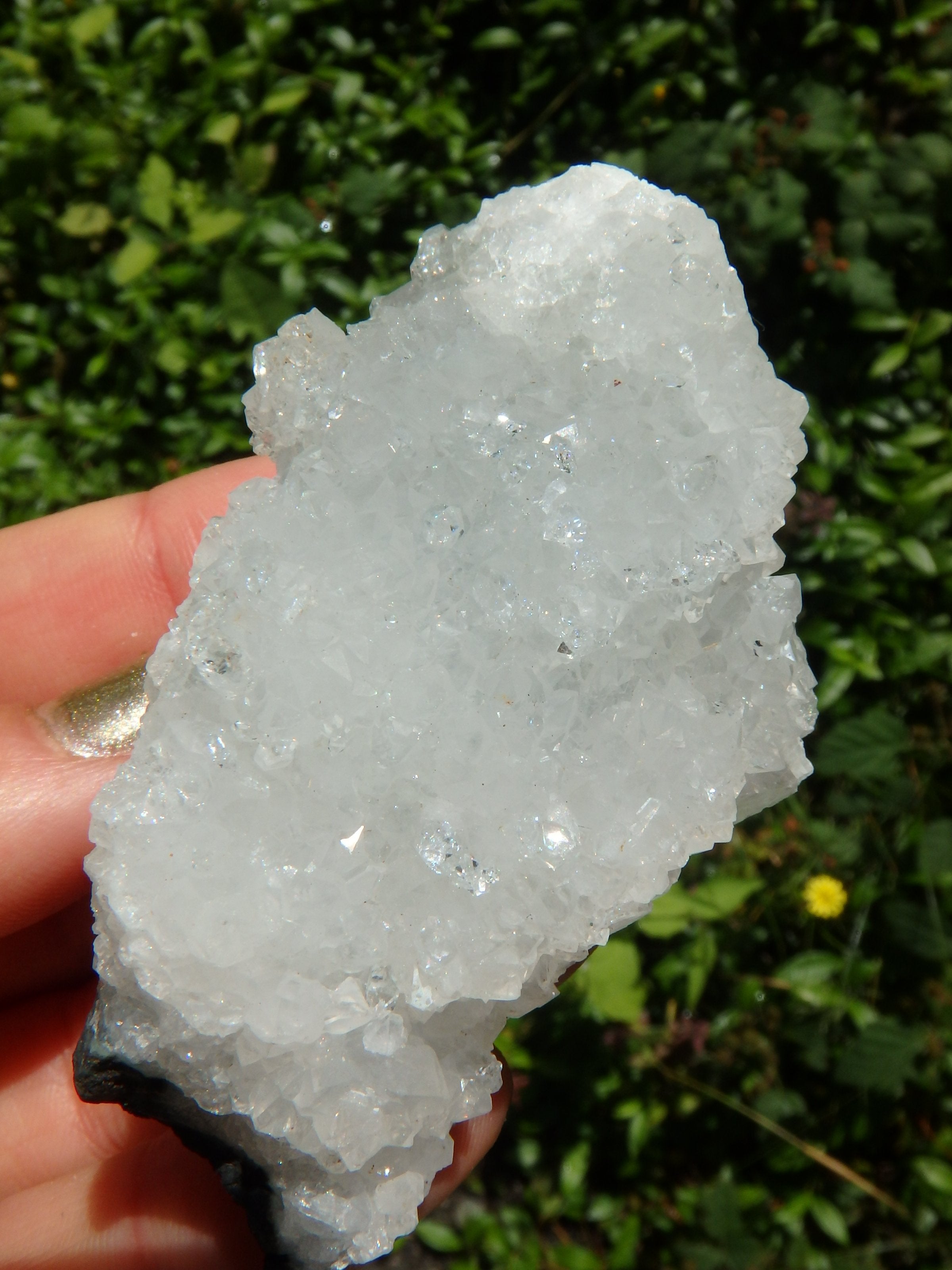 Shimmering Quartz & Apophyllite Druzy Points on Clear Calcite Matrix From India